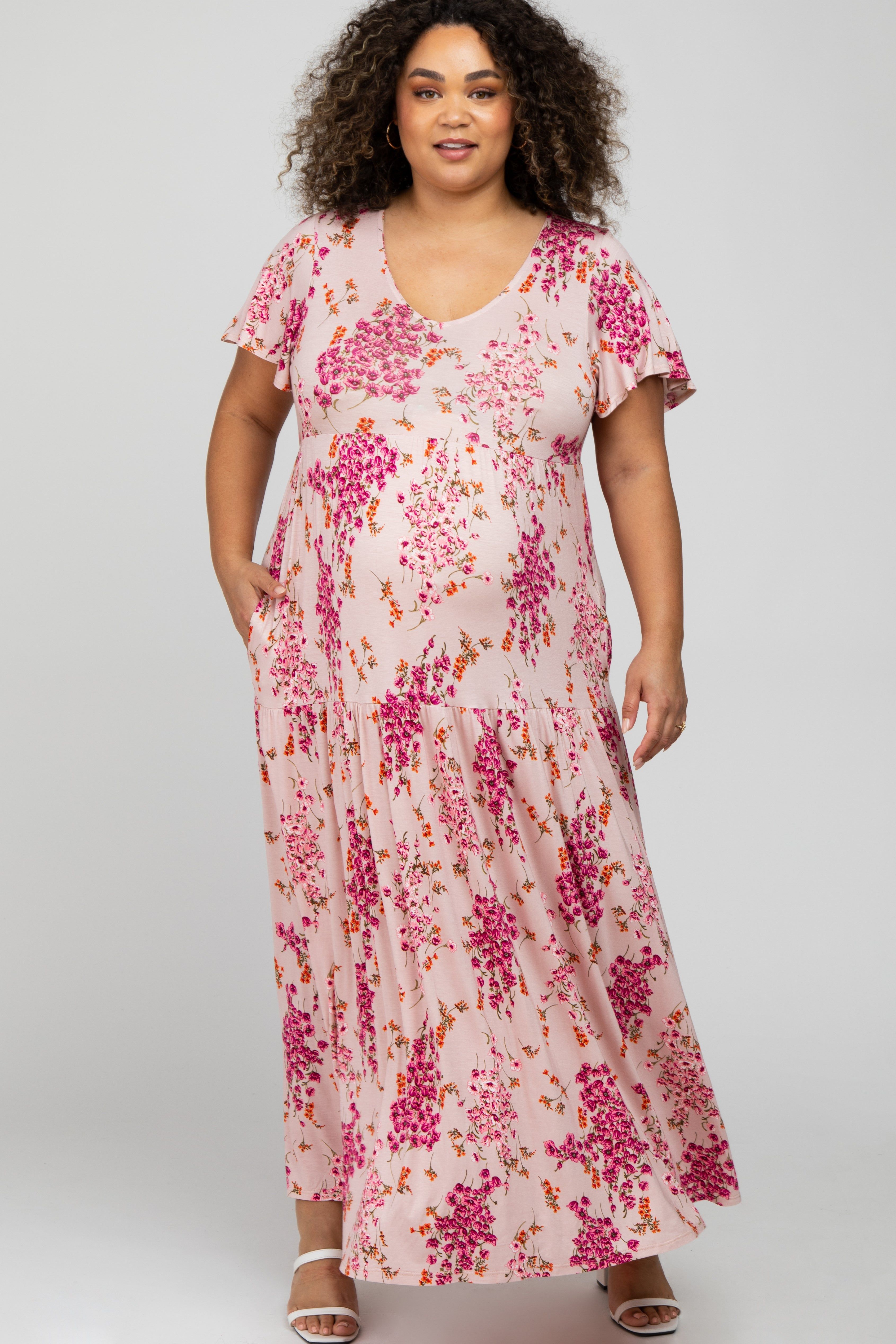 Pink Floral Tiered Maternity Plus Maxi Dress sold by Pinkblush