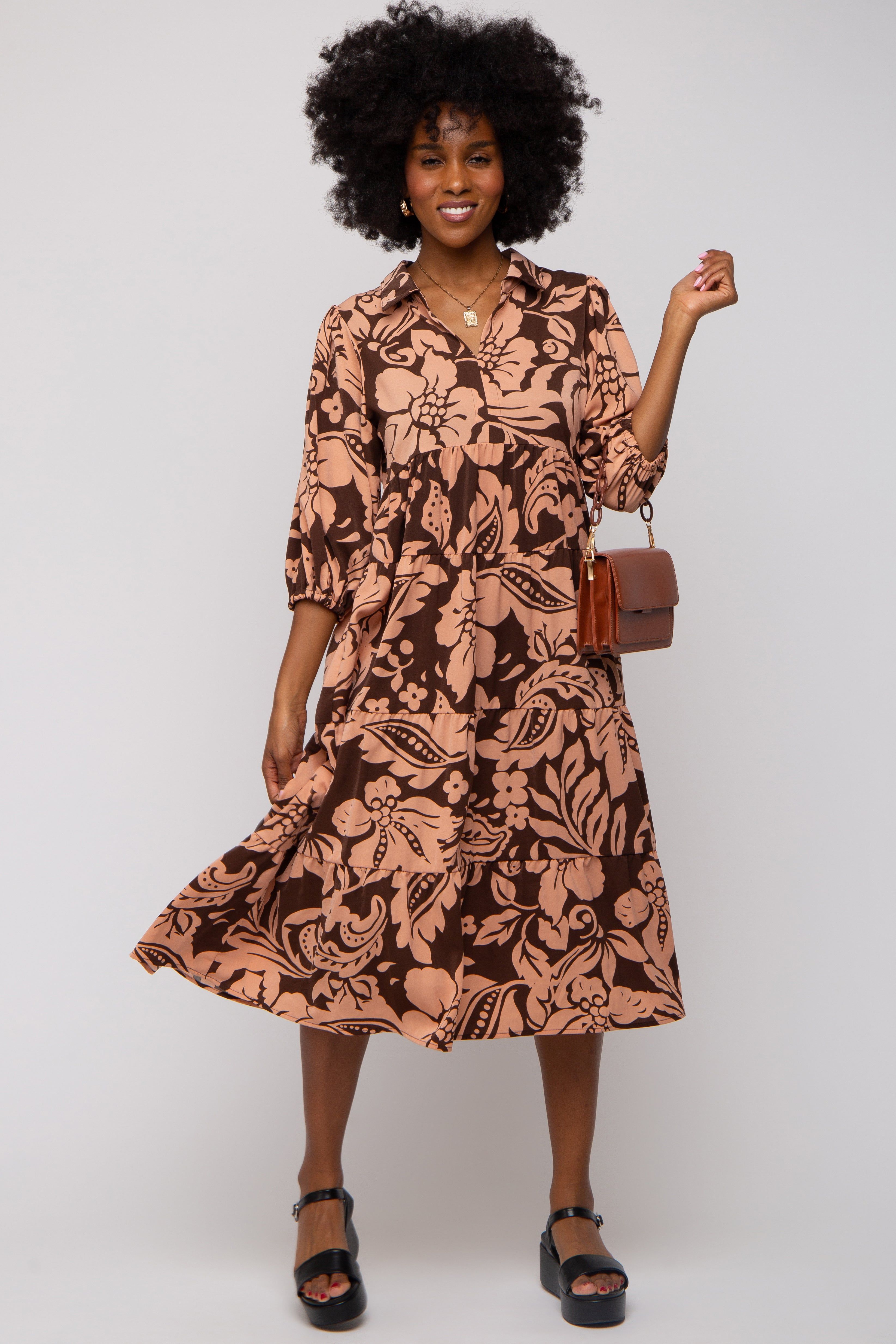 Brown Floral Collared Tiered Midi Dress sold by Pinkblush