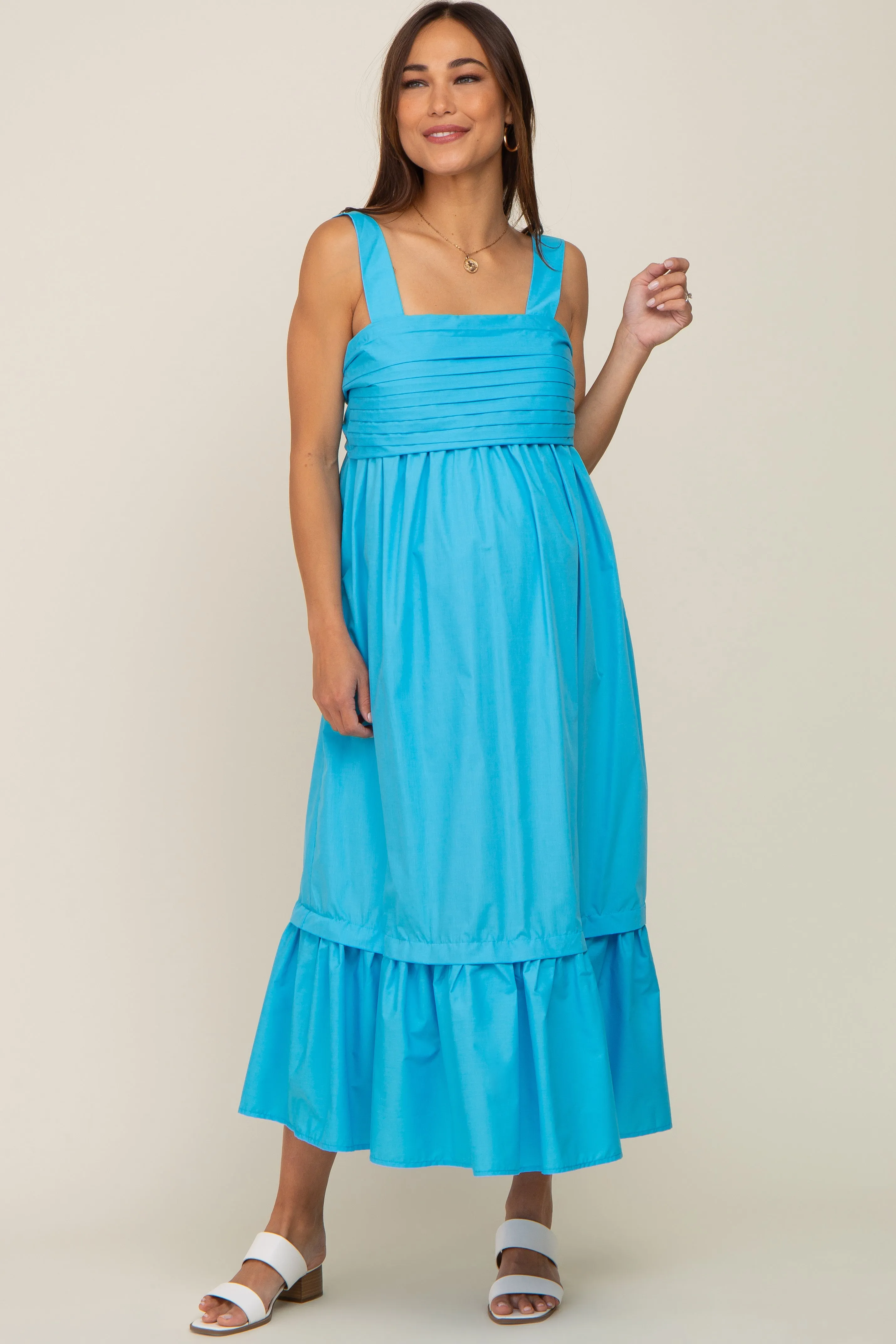 Aqua Pleated Back Tie Maternity Midi Dress sold by Pinkblush product image thumbnail 4