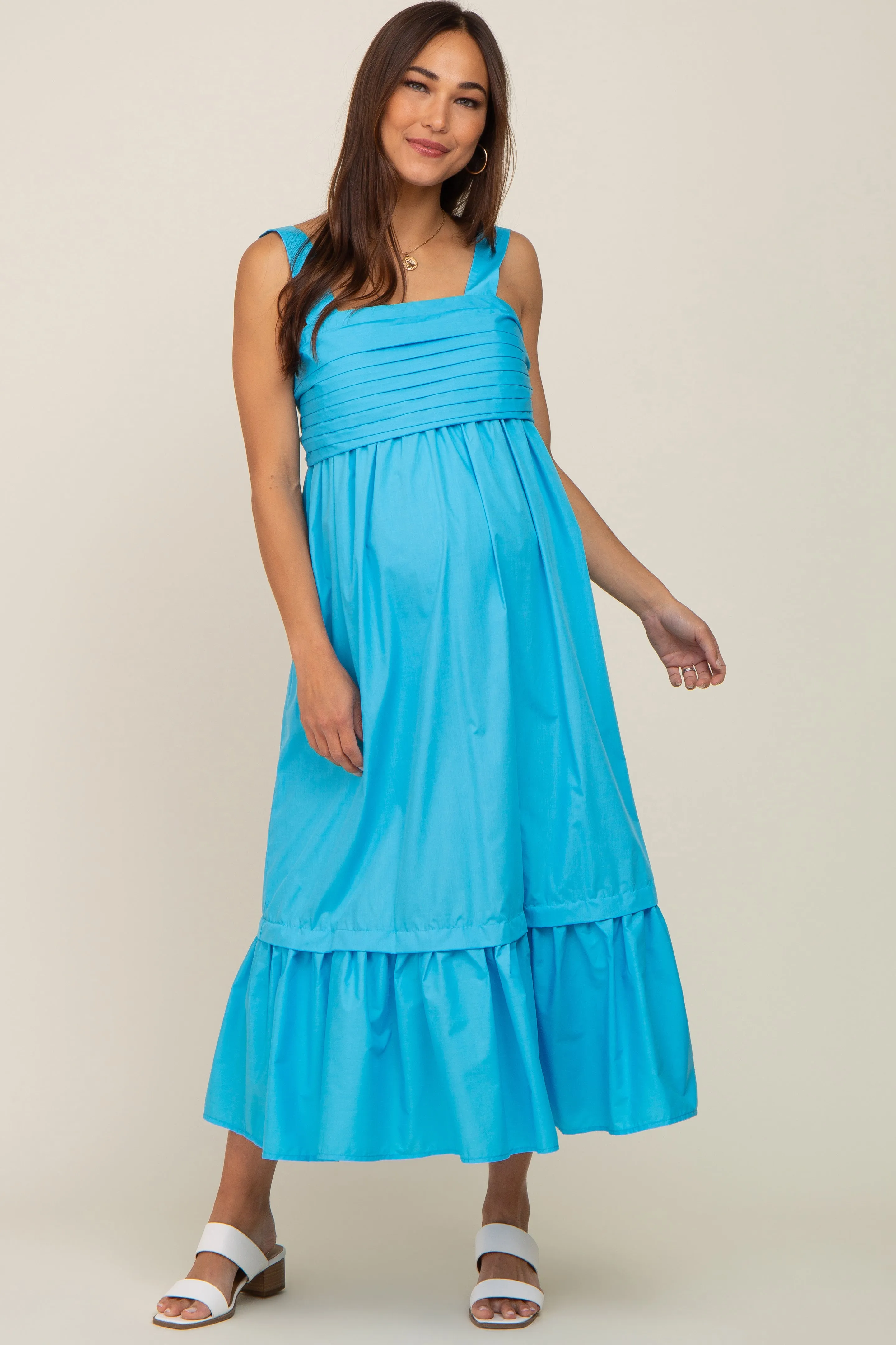 Aqua Pleated Back Tie Maternity Midi Dress sold by Pinkblush
