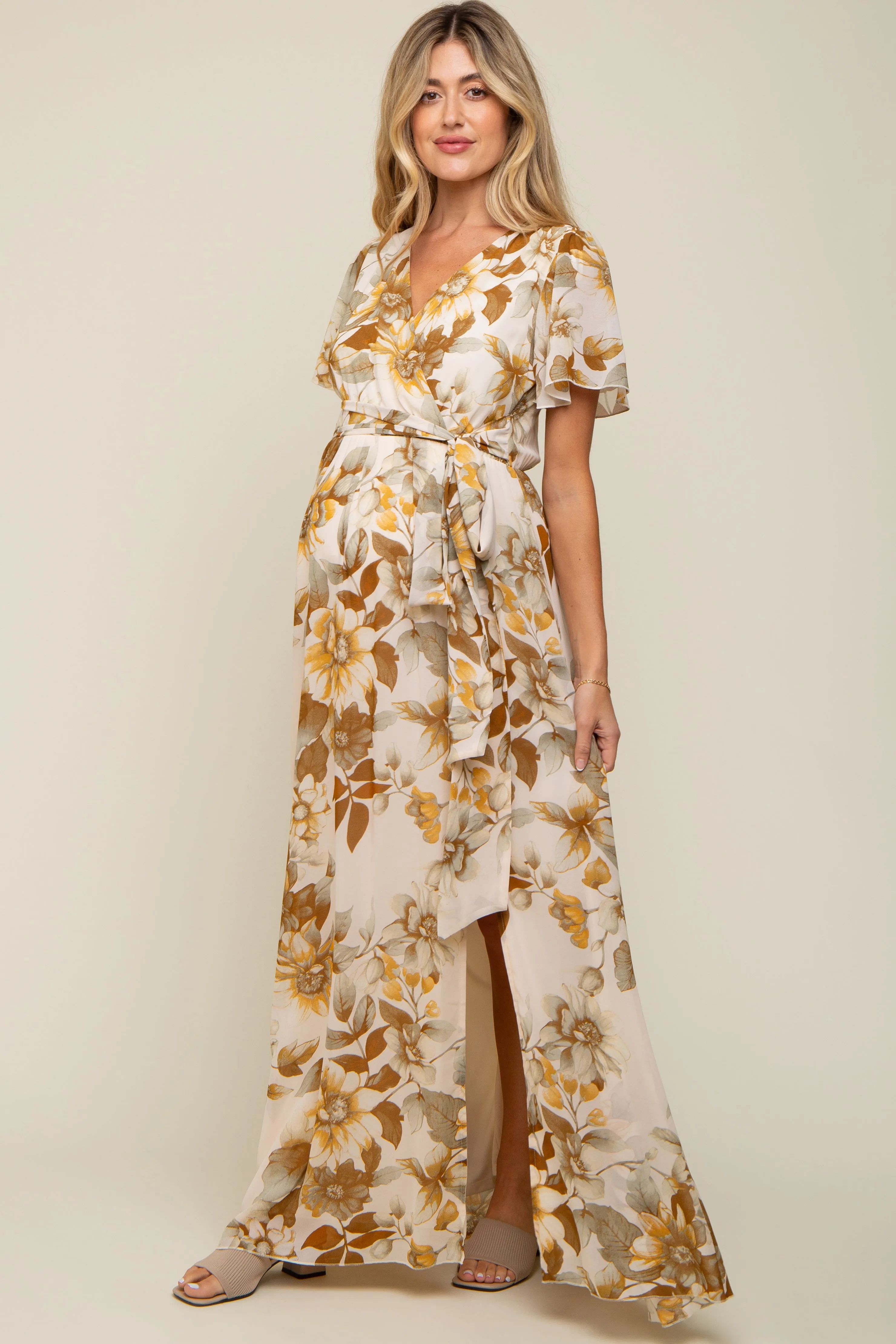Cream Floral V-Neck Side Slit Maternity Dress sold by Pinkblush product image thumbnail 2