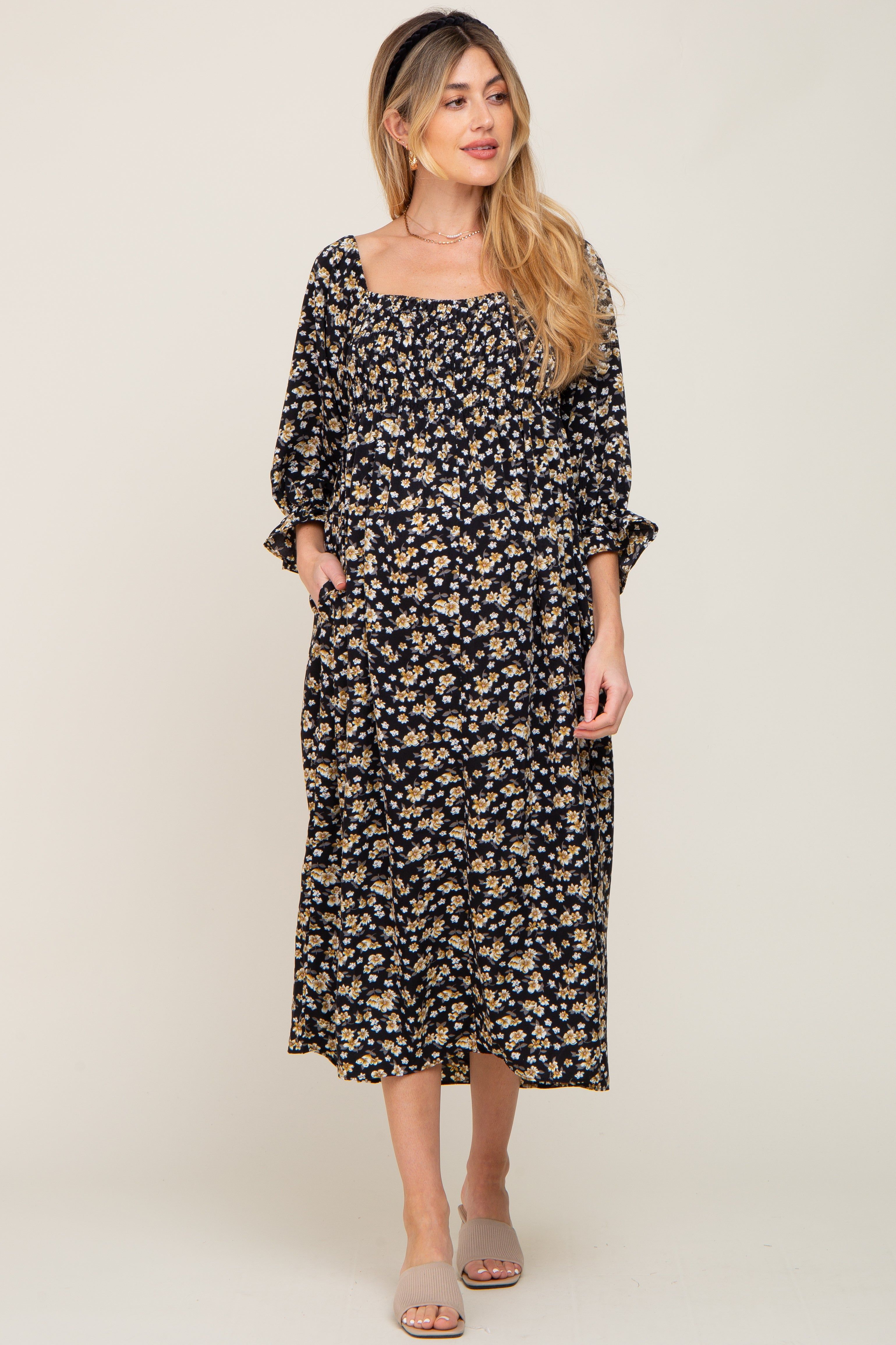 Black Floral Smocked 3/4 Sleeve Maternity Midi Dress sold by Pinkblush product image thumbnail 5