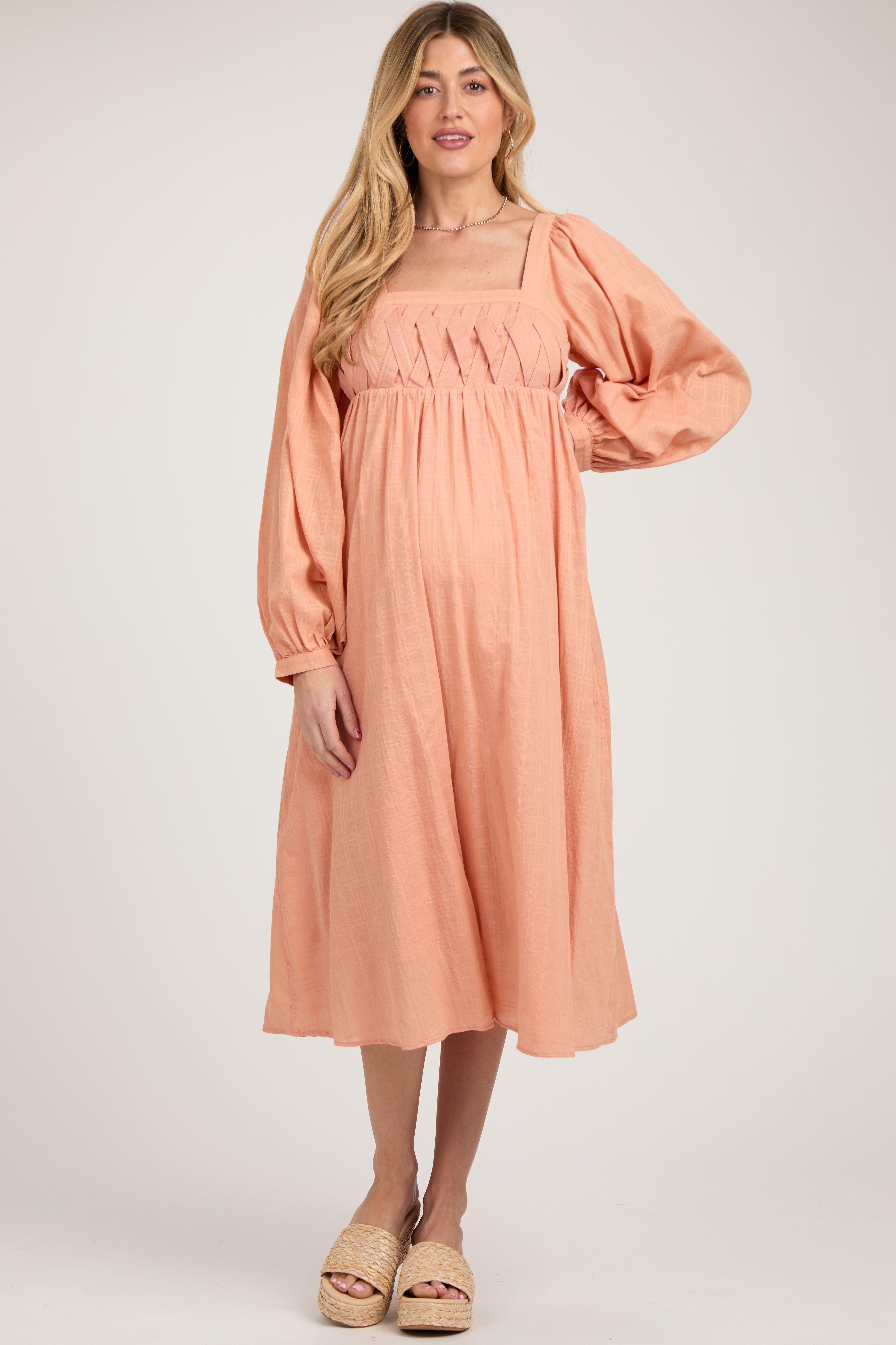 Peach Criss Cross Front Square Neck Long Sleeve Maternity Midi Dress sold by Pinkblush product image thumbnail 2