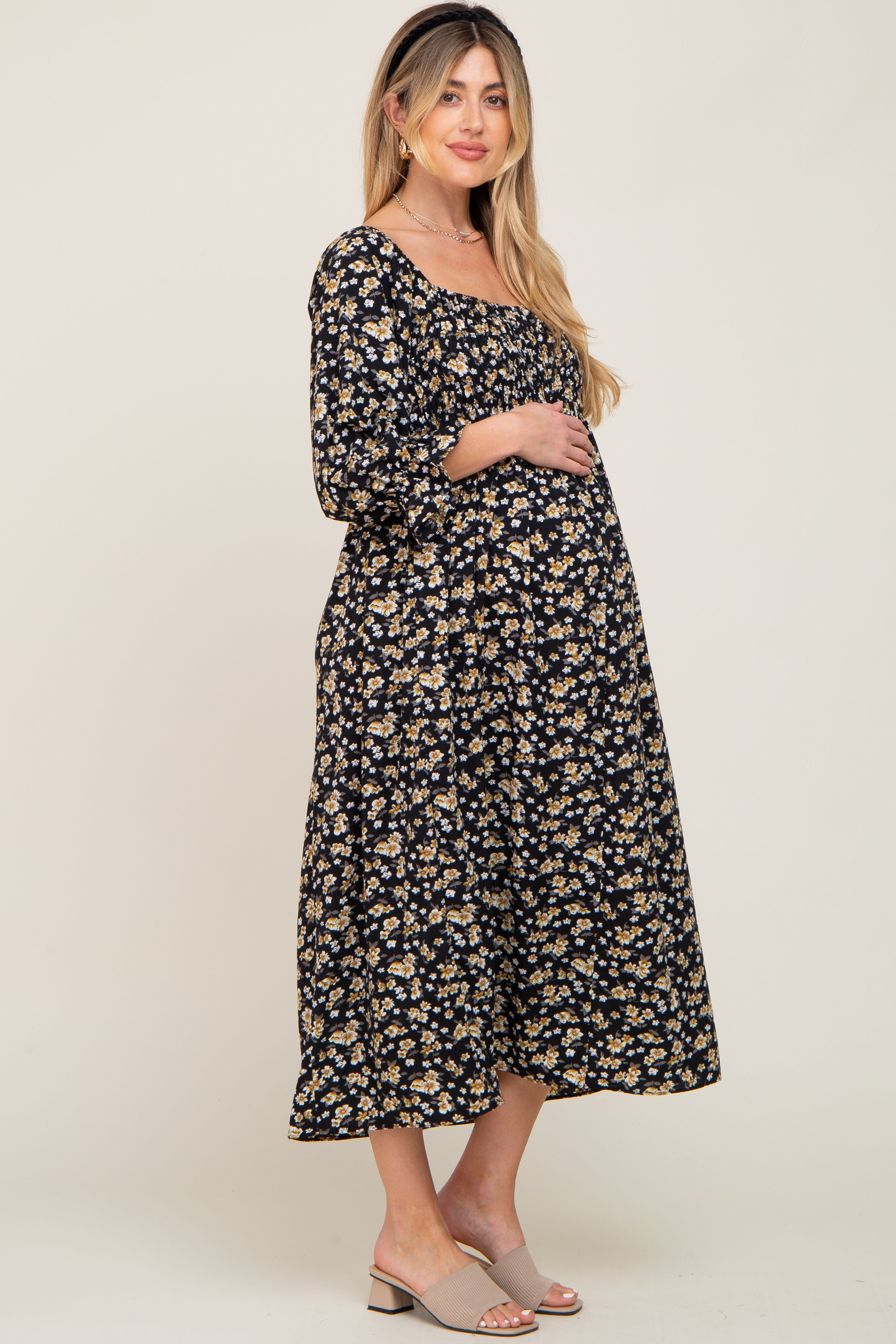 Black Floral Smocked 3/4 Sleeve Maternity Midi Dress sold by Pinkblush product image thumbnail 2
