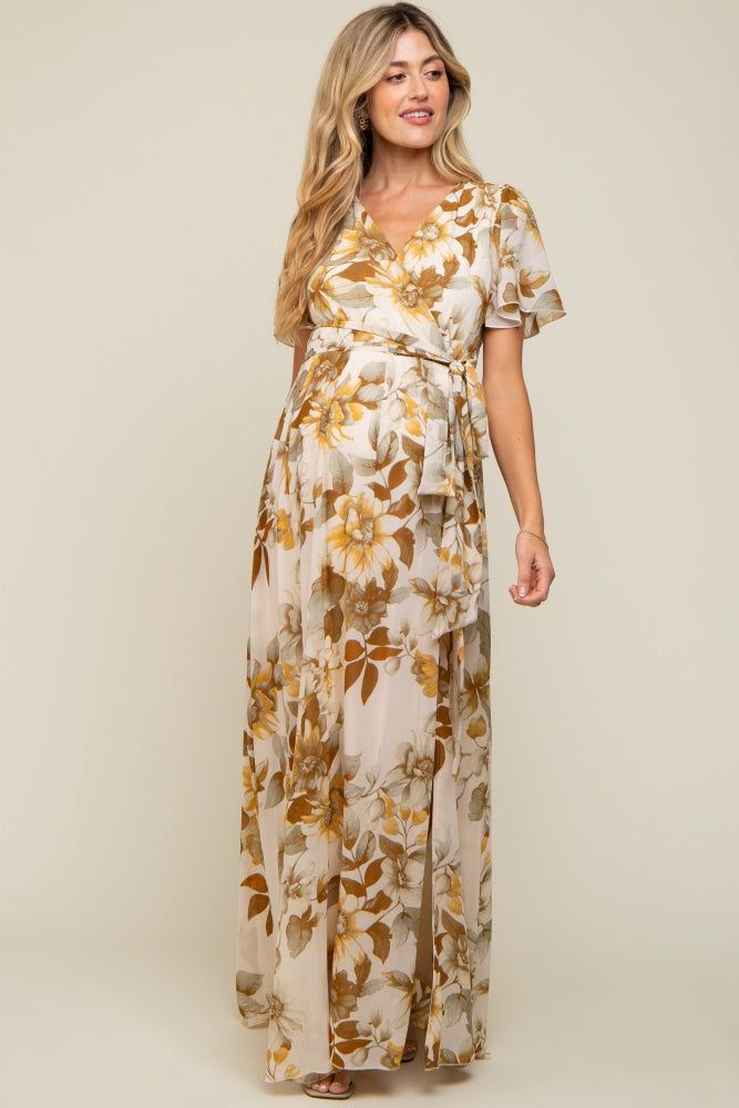 Cream Floral V-Neck Side Slit Maternity Dress sold by Pinkblush product image thumbnail 4