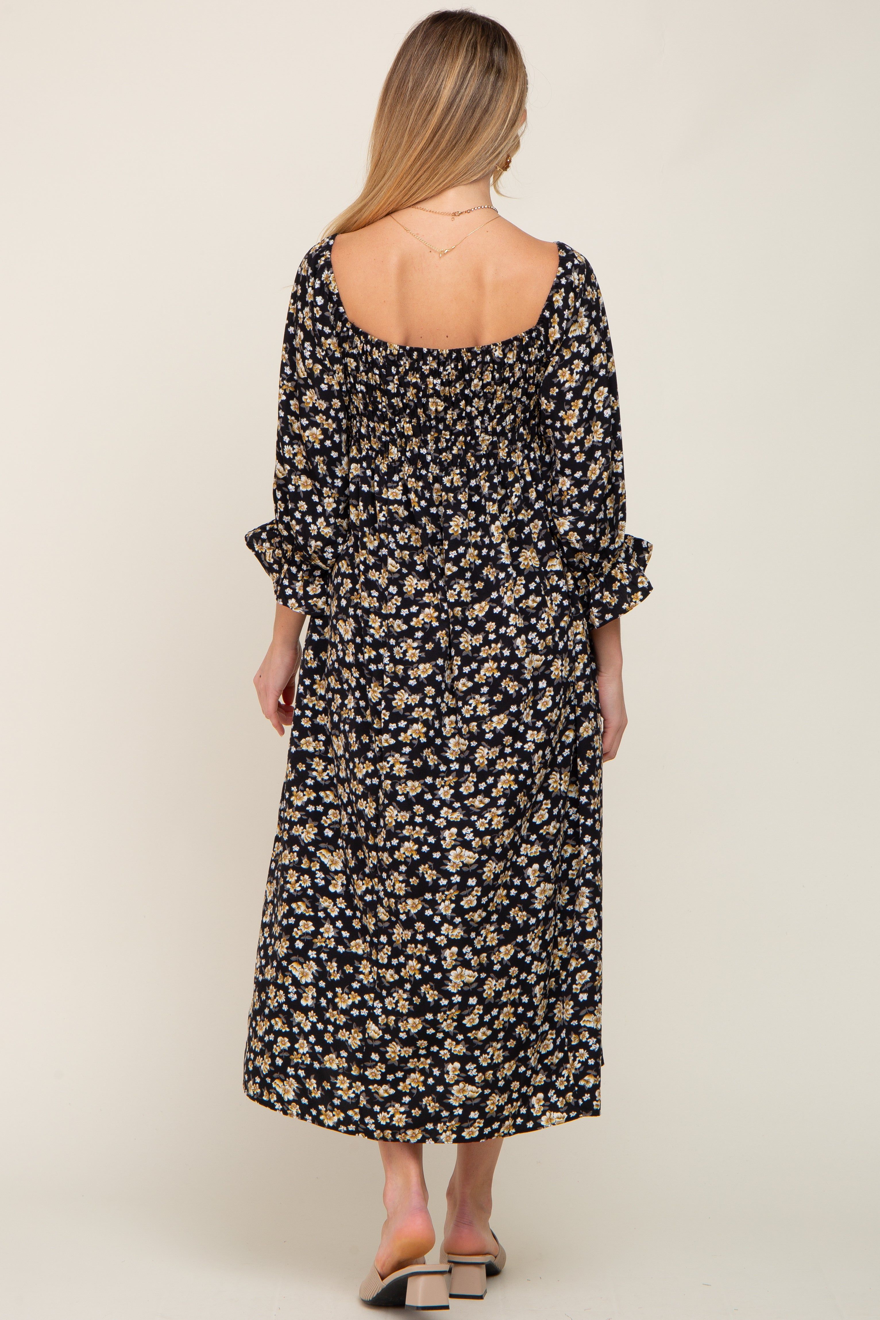 Black Floral Smocked 3/4 Sleeve Maternity Midi Dress sold by Pinkblush product image thumbnail 3