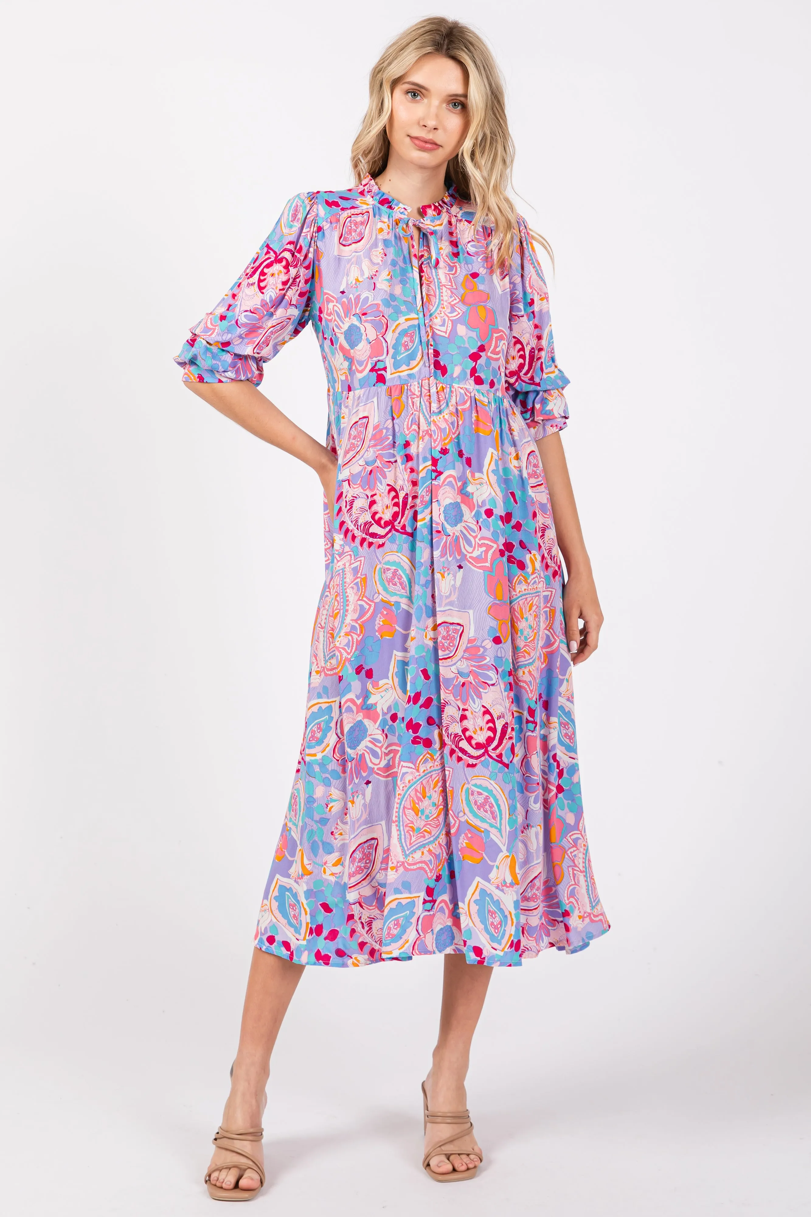 Lavender Paisley Print Tiered A-Line Midi Dress sold by Pinkblush