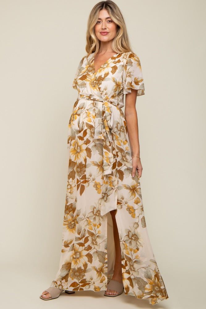 Cream Floral V-Neck Side Slit Maternity Dress sold by Pinkblush product image thumbnail 2
