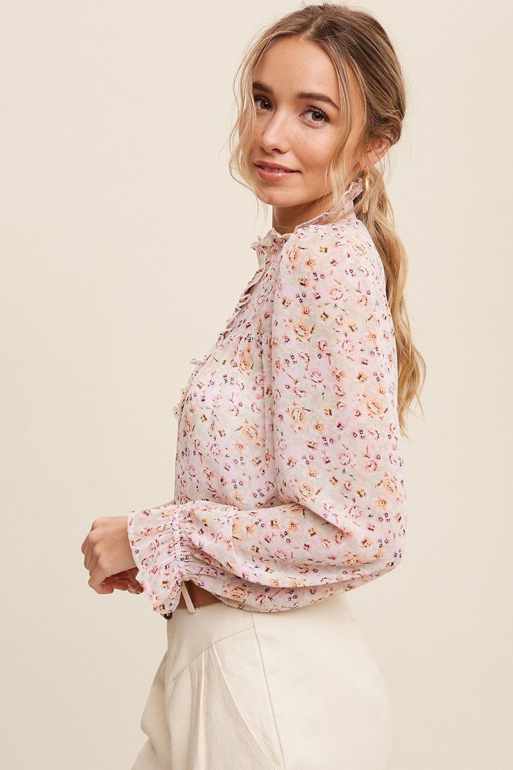 Pink Sheer Ditsy Floral Ruffle Button Front Chiffon Top sold by Pinkblush product image thumbnail 3