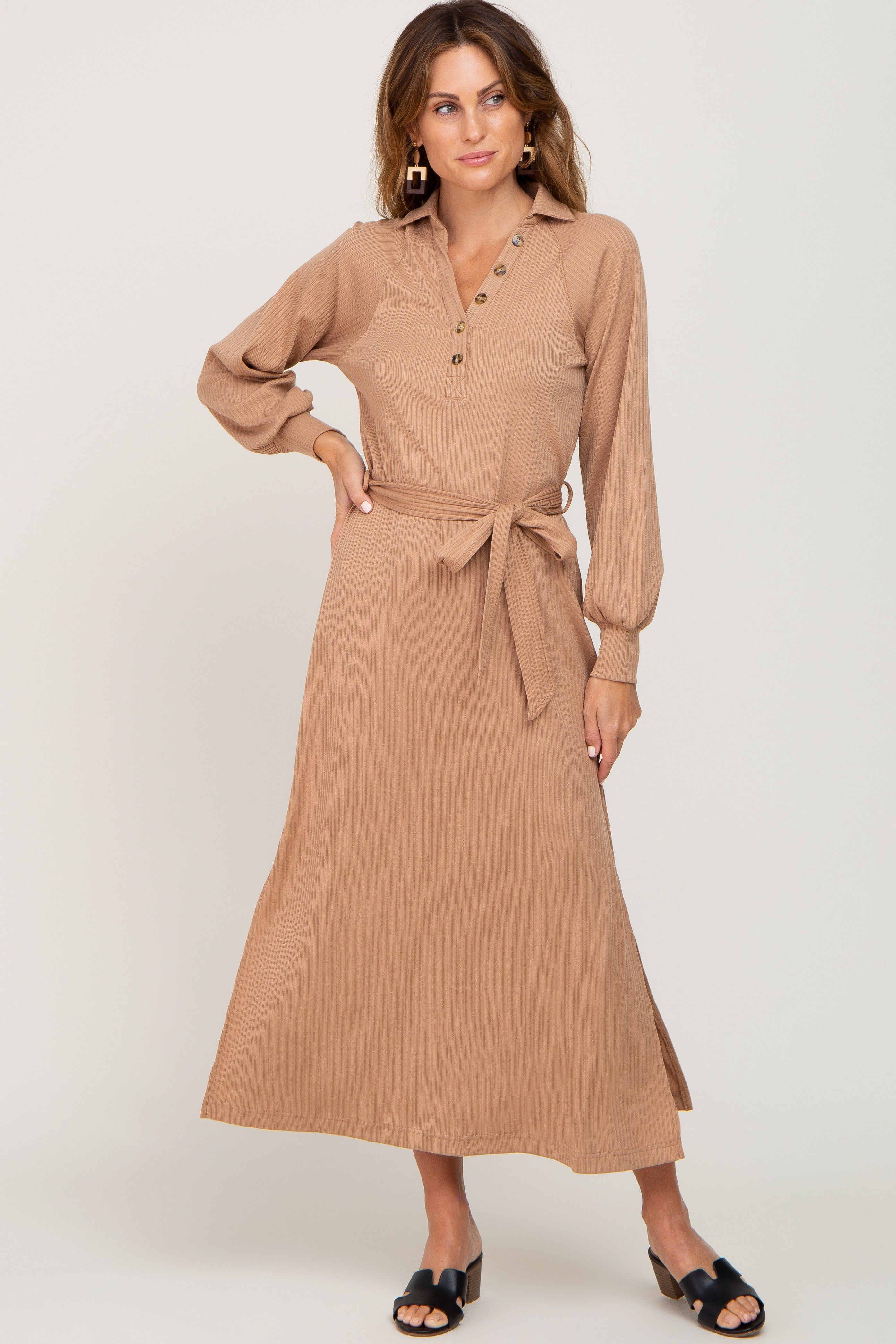 Taupe Button Accent Collared Maxi Dress sold by Pinkblush product image thumbnail 4