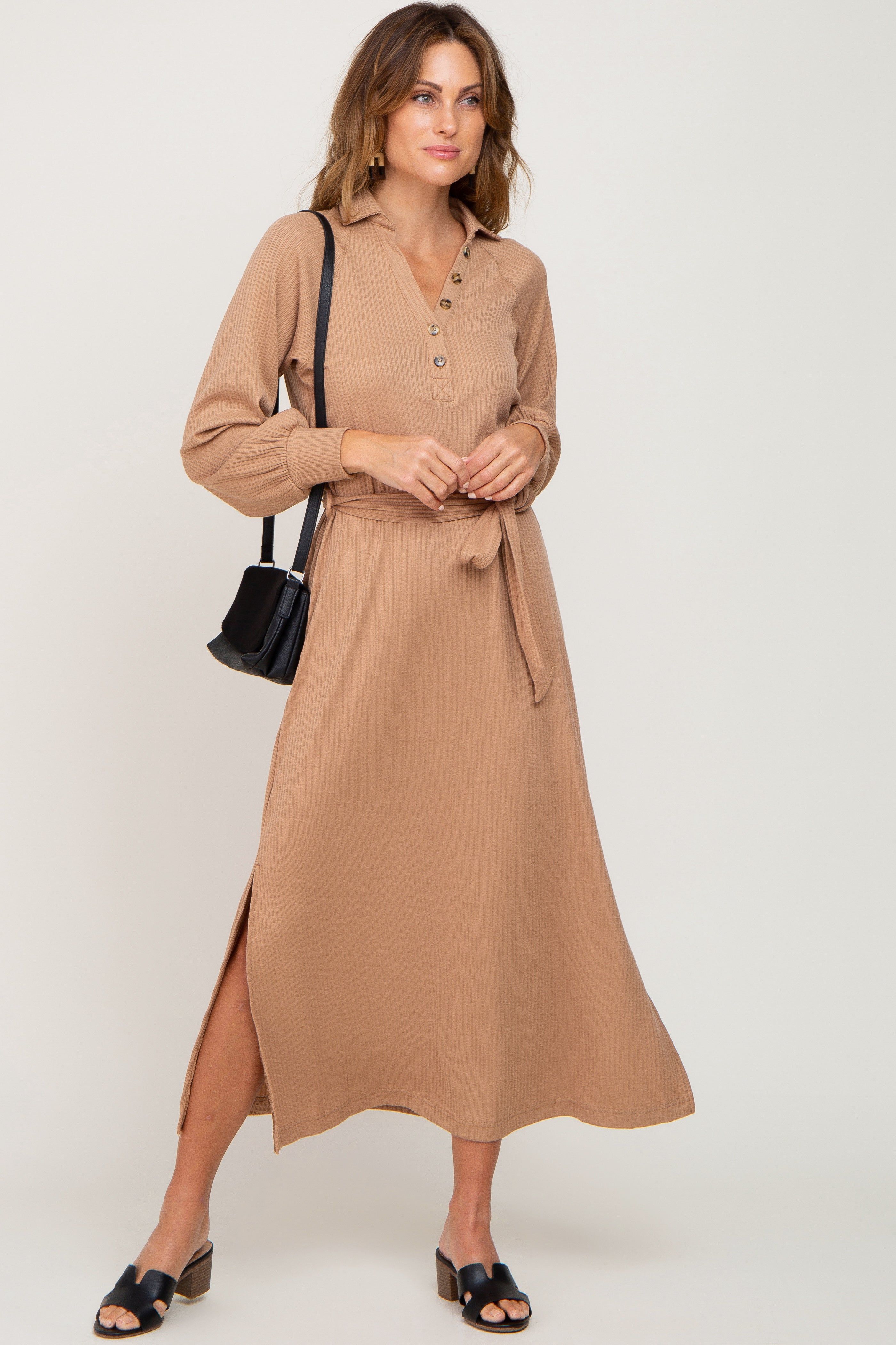 Taupe Button Accent Collared Maxi Dress sold by Pinkblush