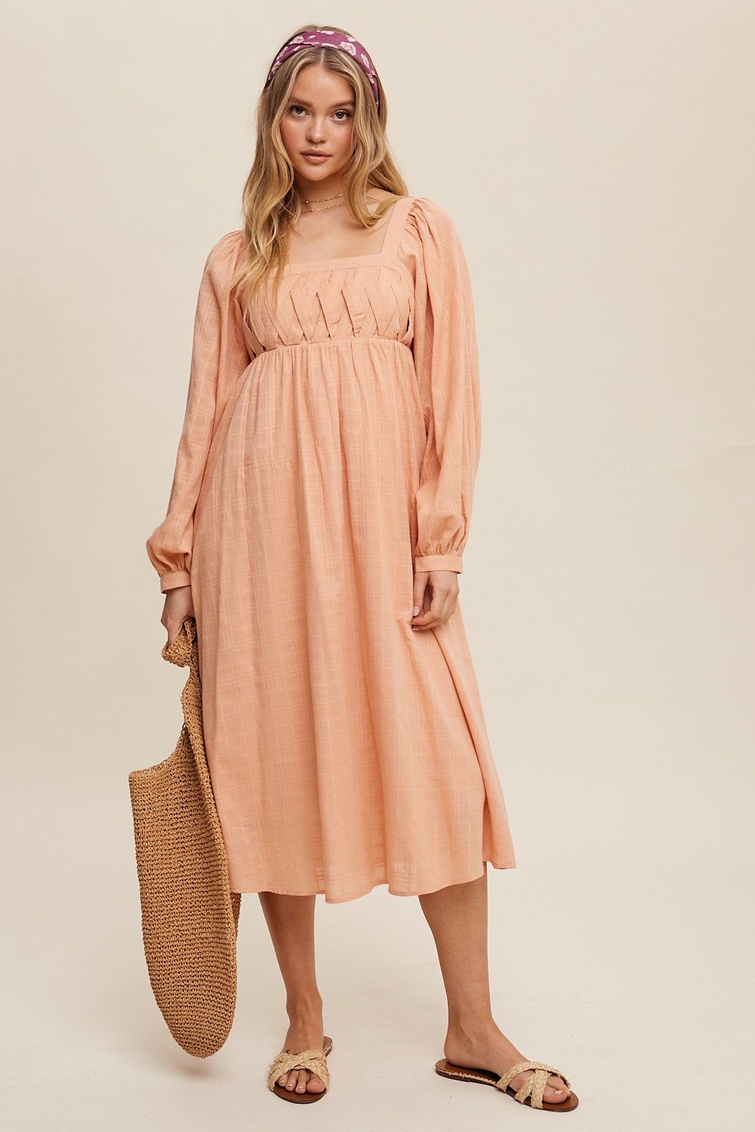 Peach Criss Cross Front Square Neck Long Sleeve Maternity Midi Dress sold by Pinkblush product image thumbnail 4