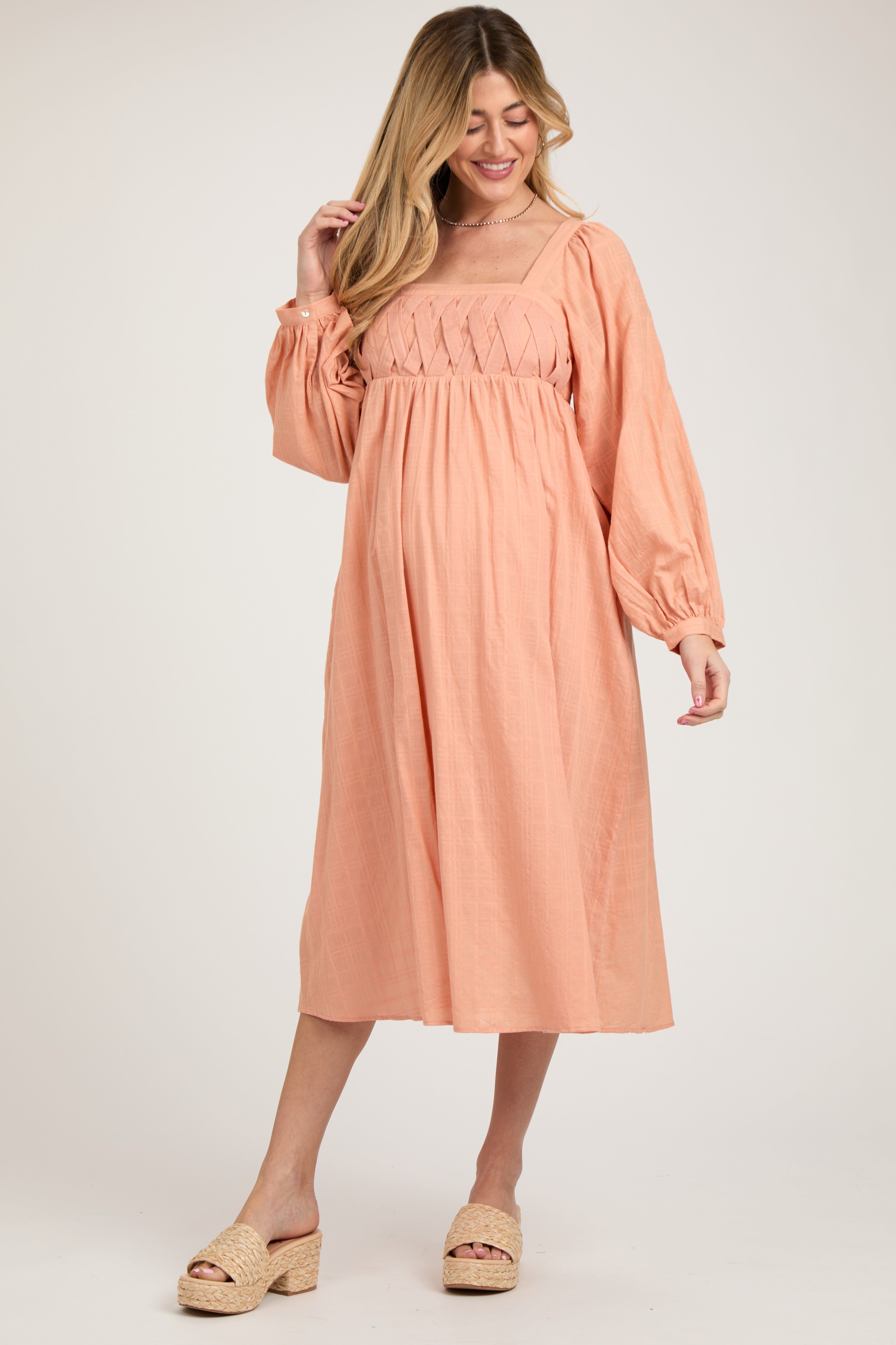 Peach Criss Cross Front Square Neck Long Sleeve Maternity Midi Dress sold by Pinkblush