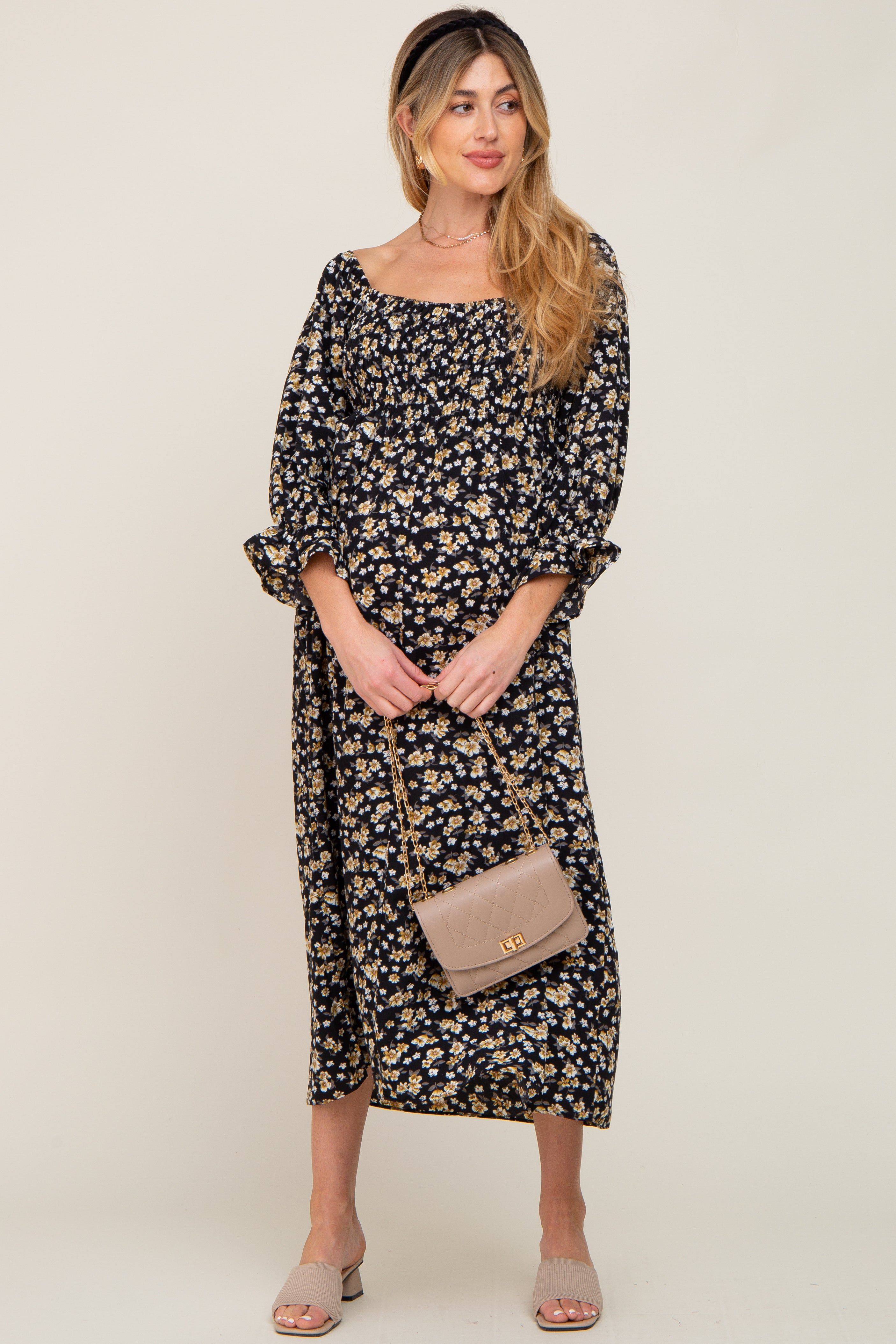 Black Floral Smocked 3/4 Sleeve Maternity Midi Dress sold by Pinkblush