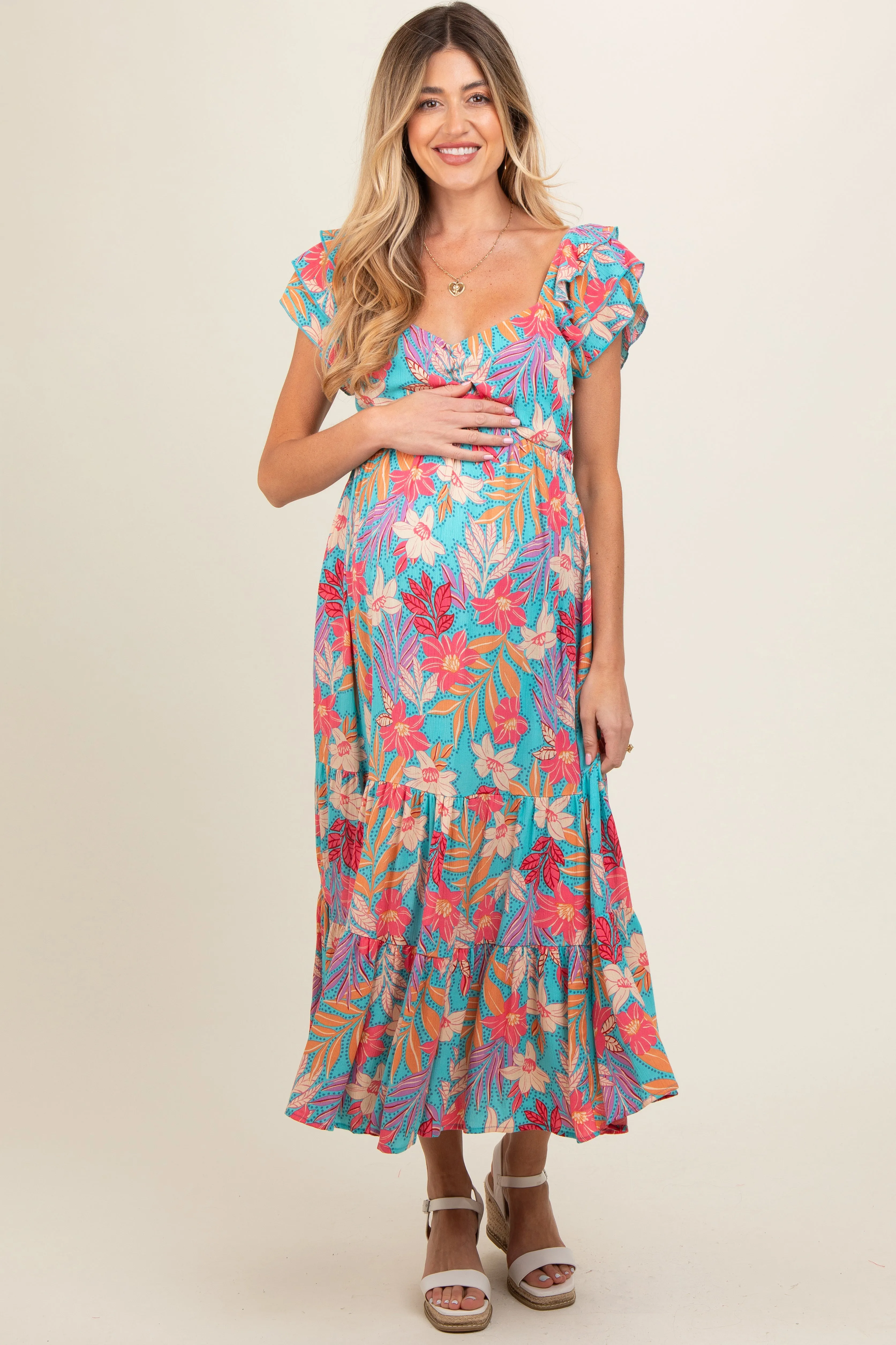 Turquoise Floral Ruffle Sleeve Maternity Midi Dress sold by Pinkblush