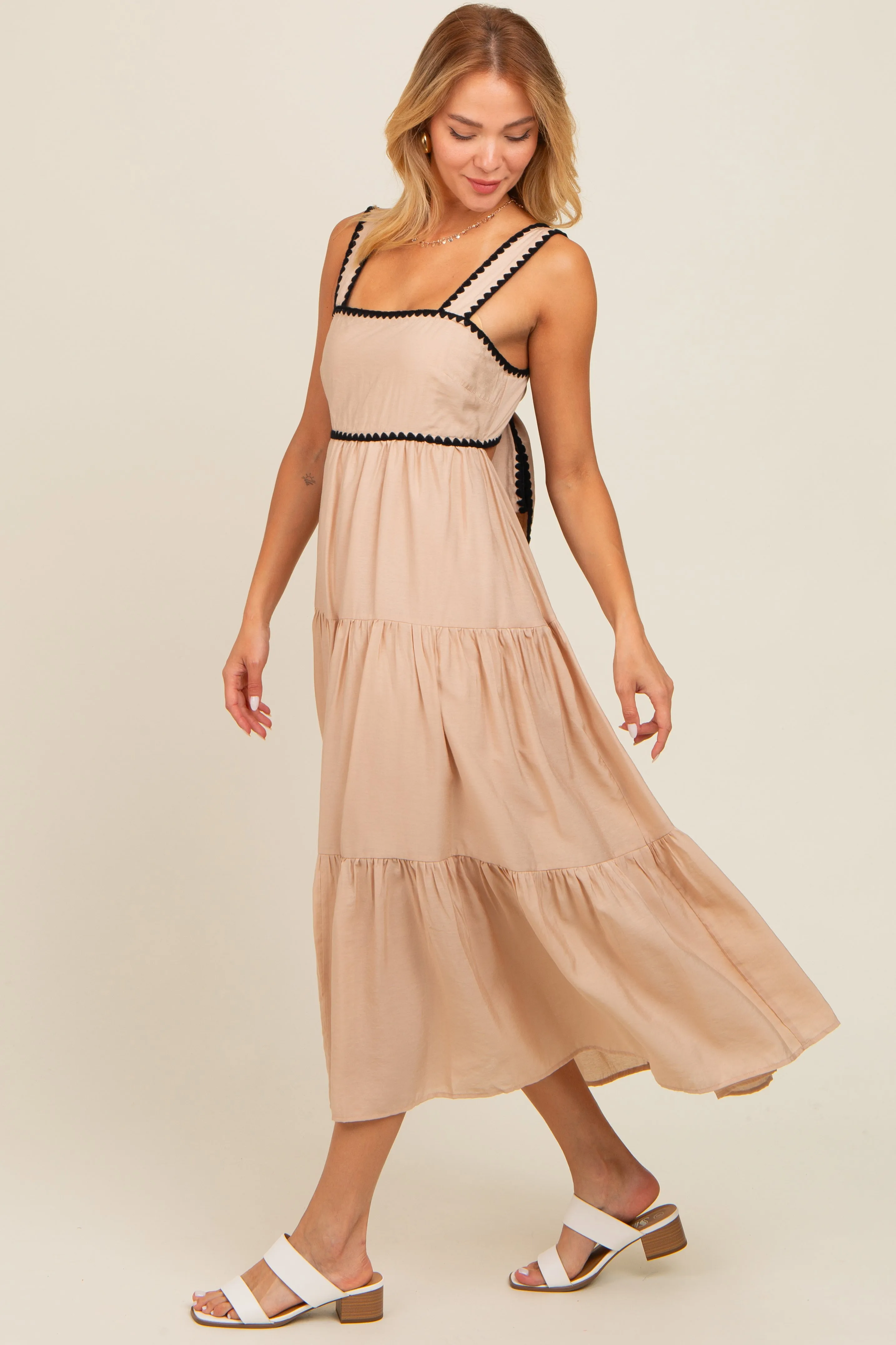 Beige Scallop Trim Tiered Midi Dress sold by Pinkblush