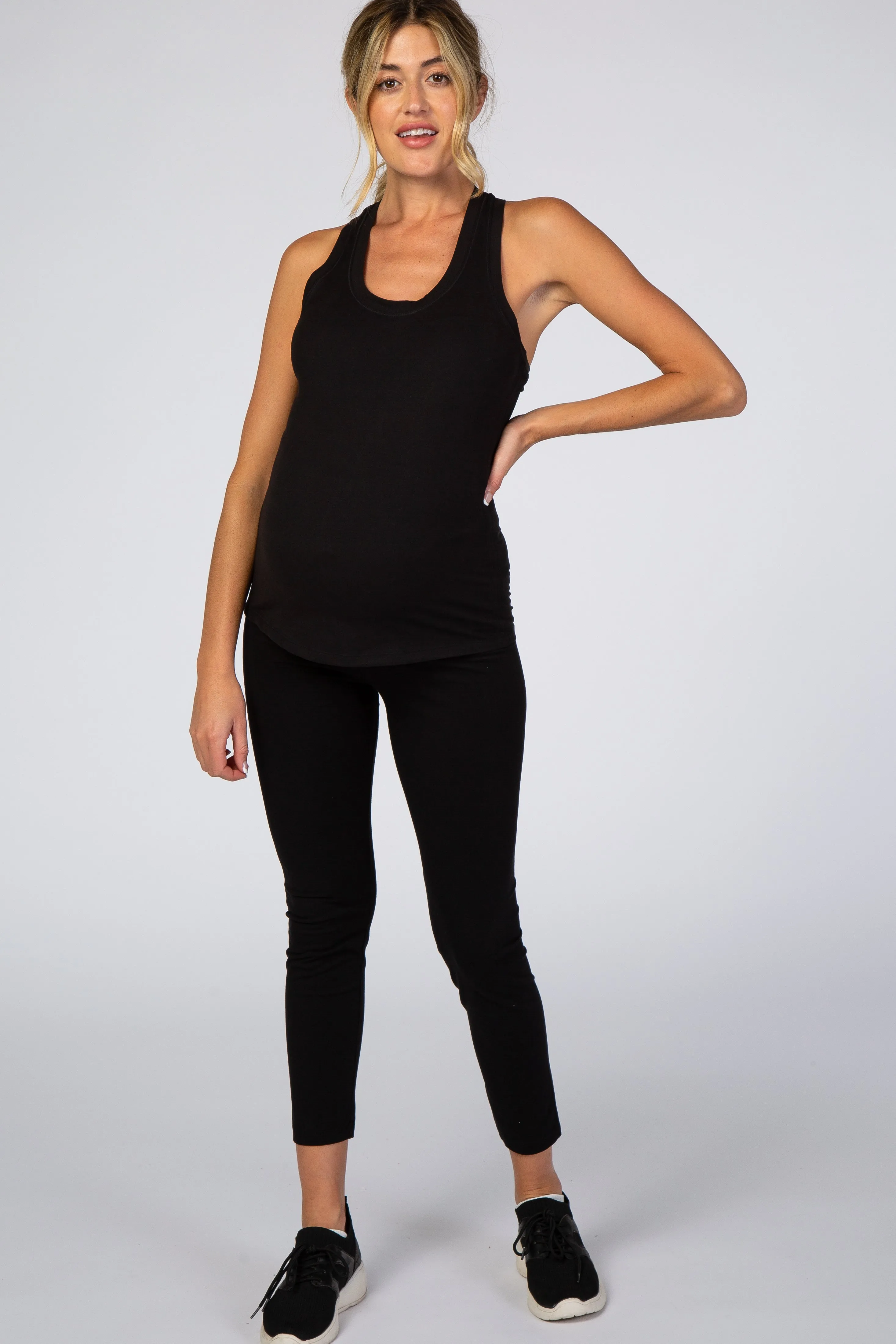 Black Solid Active Racerback Maternity Tank Top sold by Pinkblush