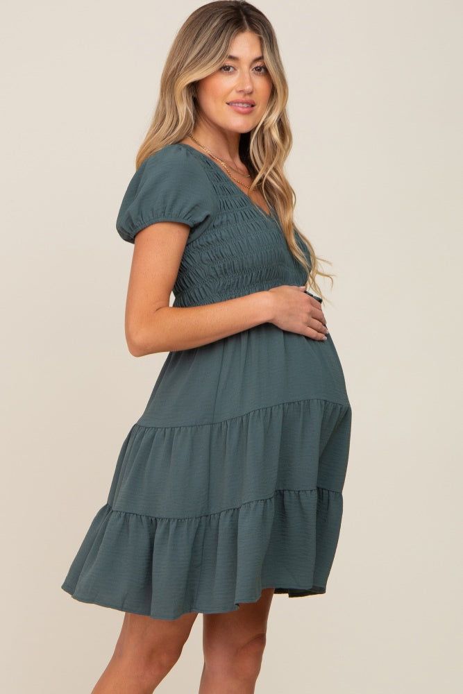 Forest Green Smocked Tiered Maternity Mini Dress sold by Pinkblush product image thumbnail 2