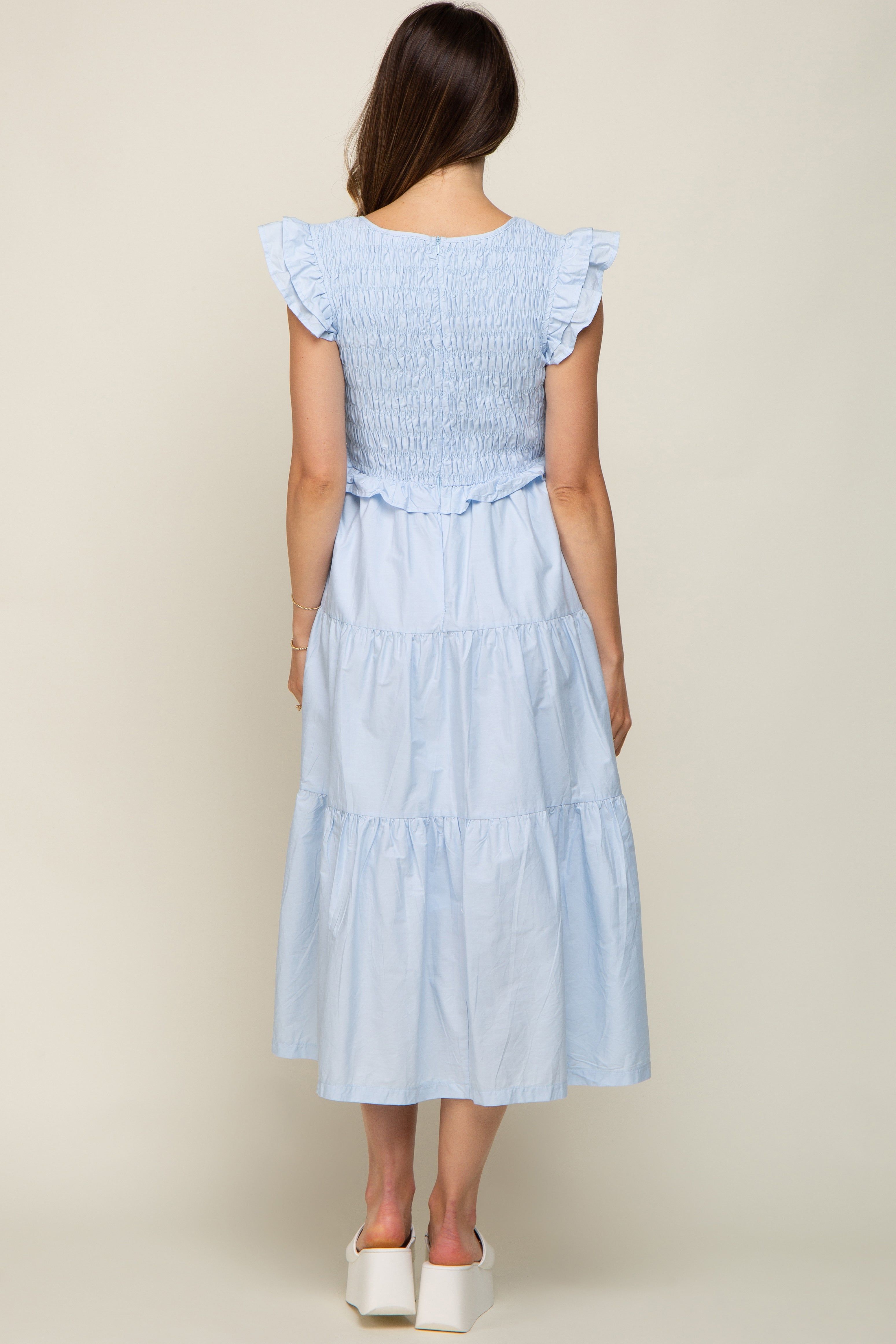 Light Blue Smocked Flutter Sleeve Tiered Maternity Midi Dress sold by Pinkblush product image thumbnail 3