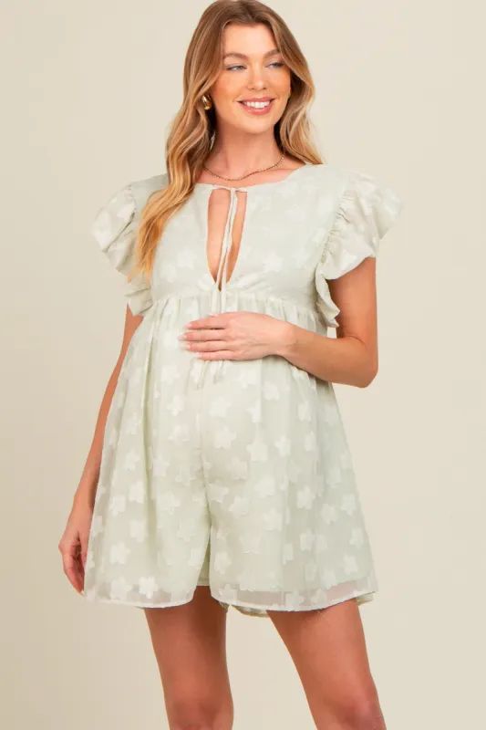 Sage Floral Split V-Neck Ruffle Sleeve Maternity Romper sold by Pinkblush