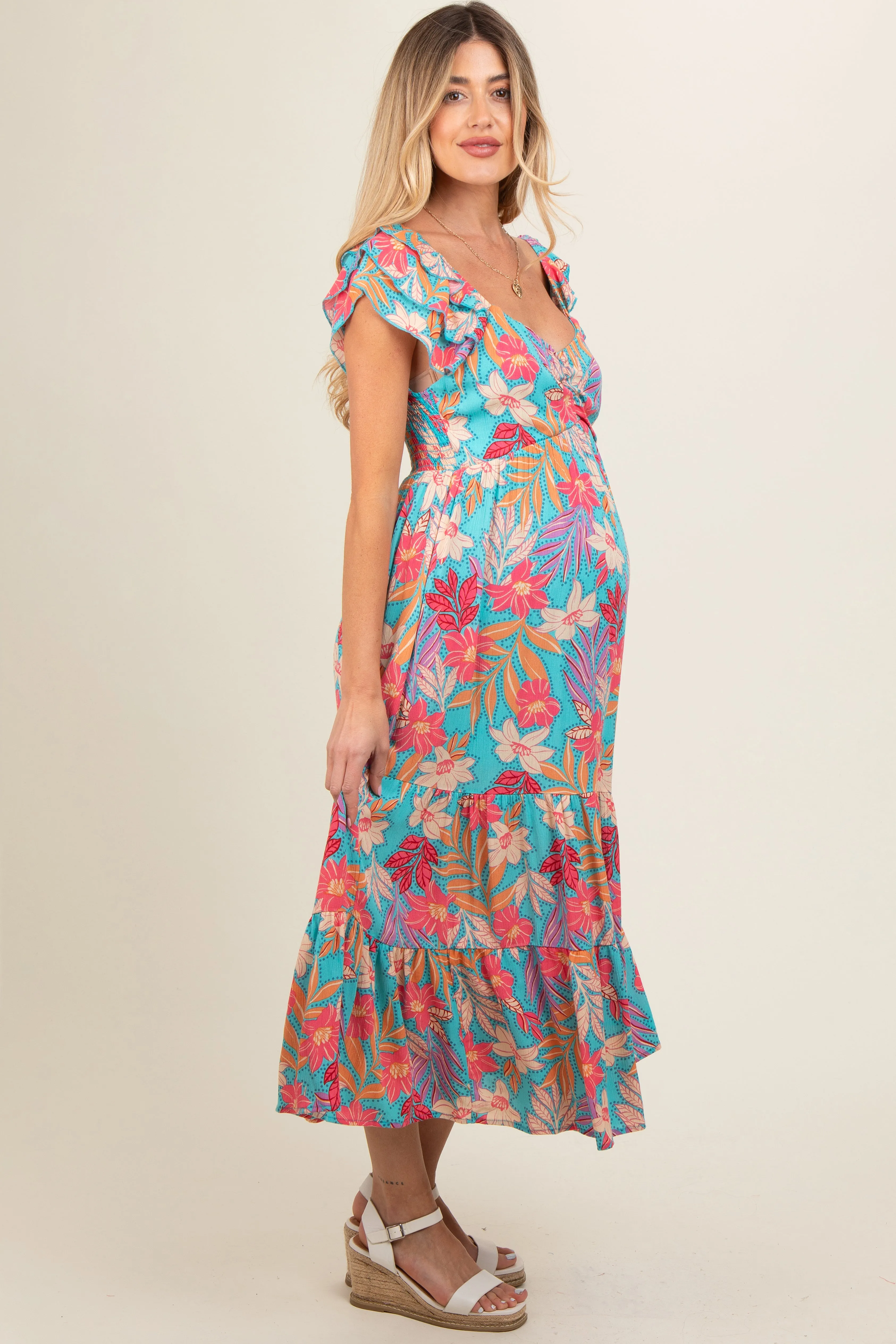 Turquoise Floral Ruffle Sleeve Maternity Midi Dress sold by Pinkblush product image thumbnail 3