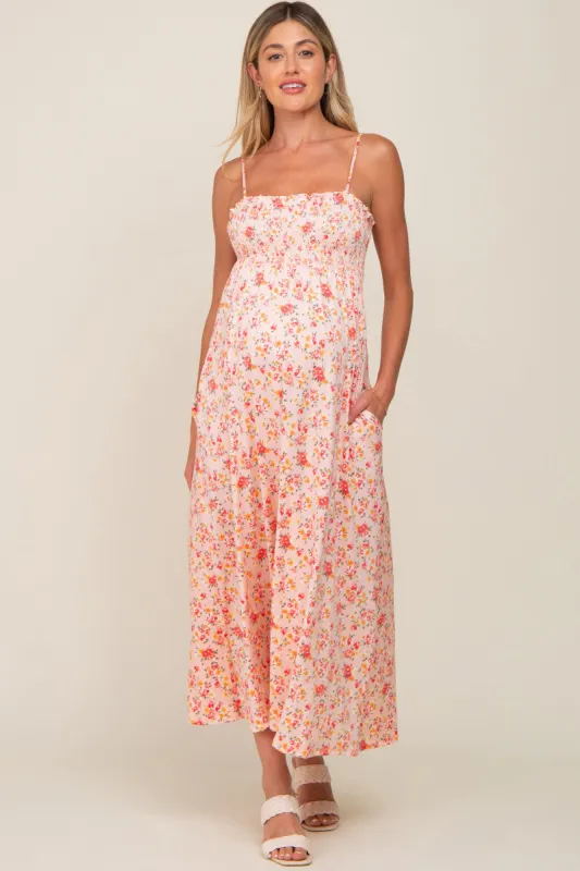 Peach Square Neck Smocked Maternity Midi Dress sold by Pinkblush