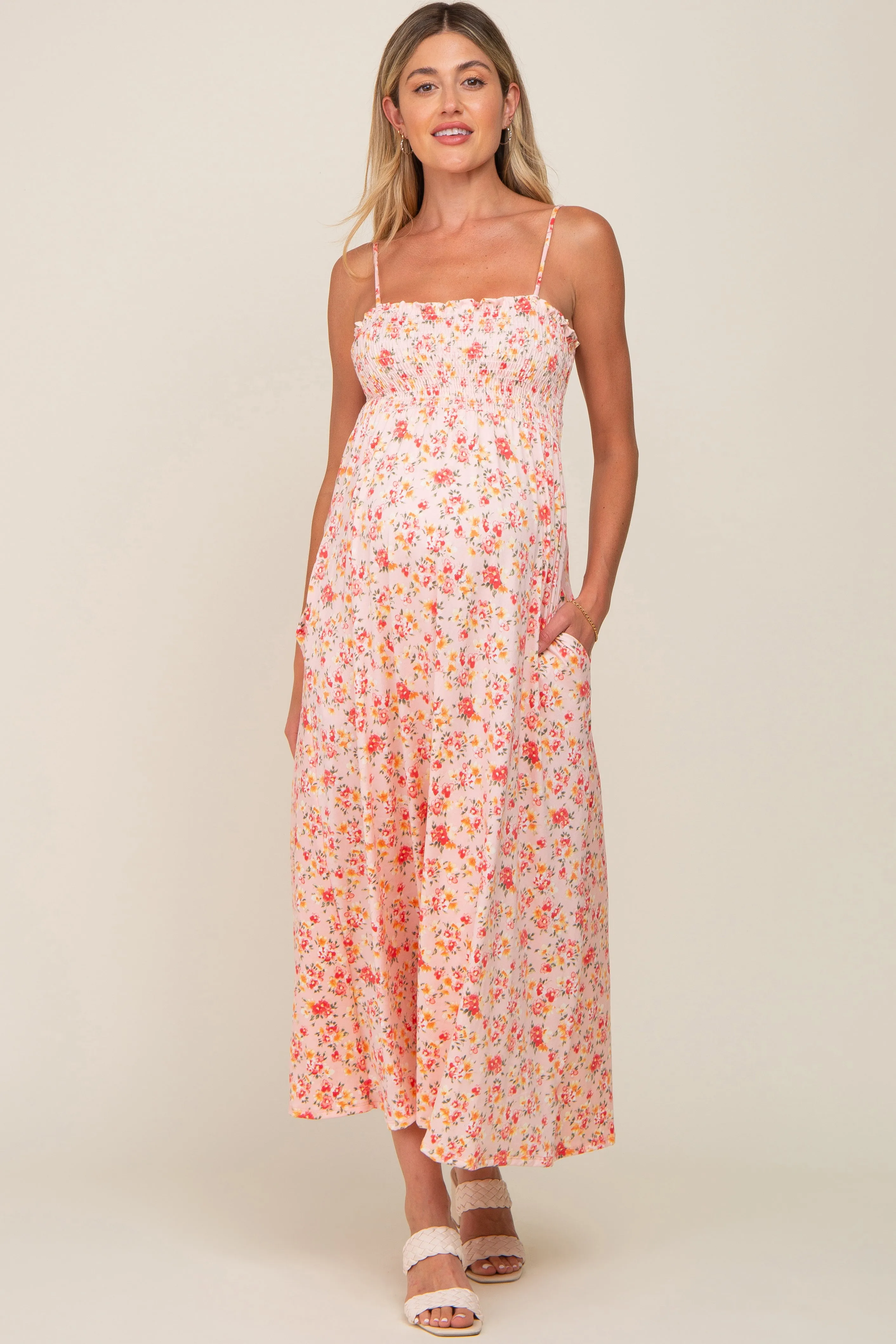 Peach Square Neck Smocked Maternity Midi Dress sold by Pinkblush