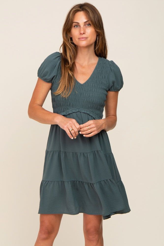 Forest Green Smocked Tiered Maternity Mini Dress sold by Pinkblush product image thumbnail 6