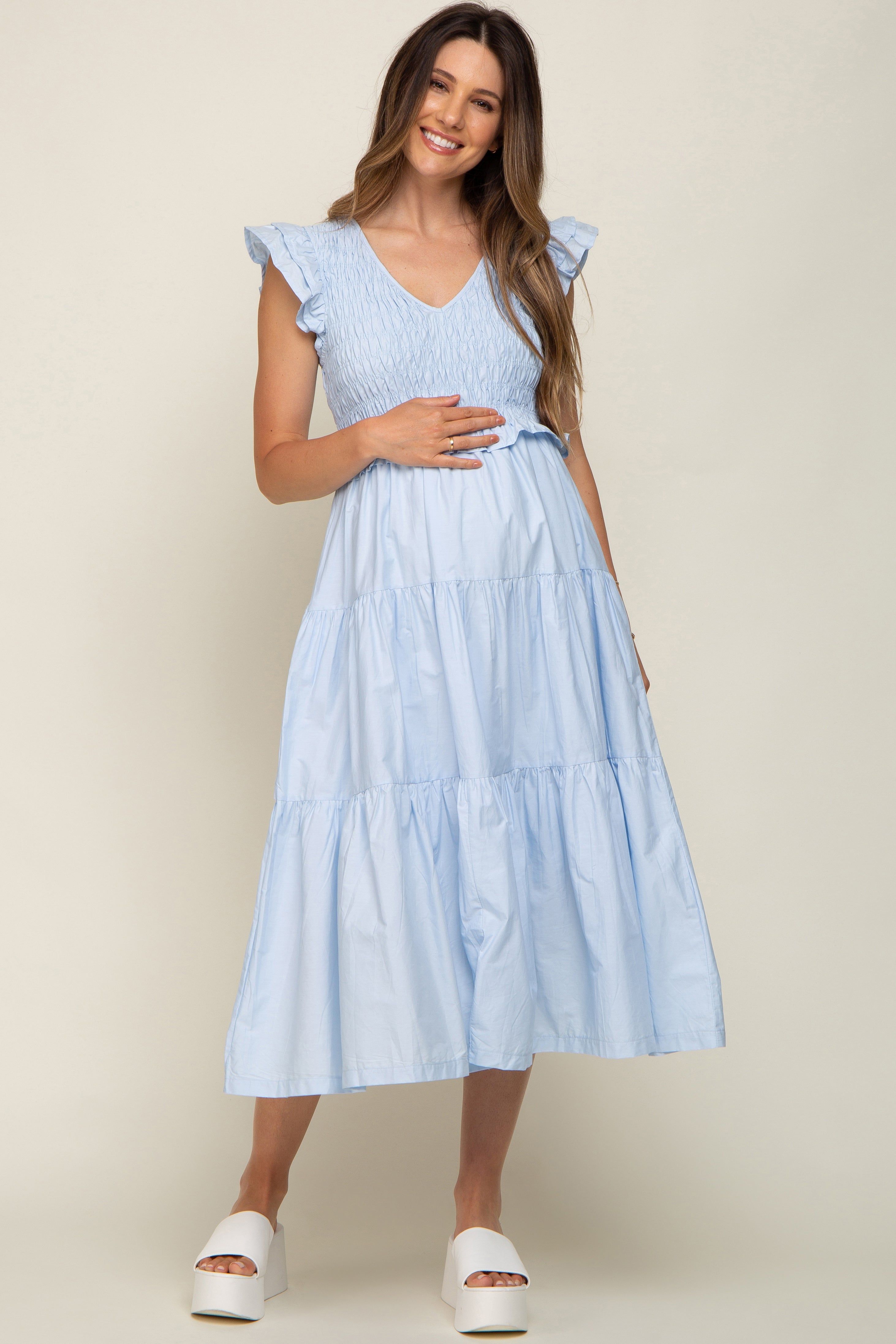 Light Blue Smocked Flutter Sleeve Tiered Maternity Midi Dress sold by Pinkblush