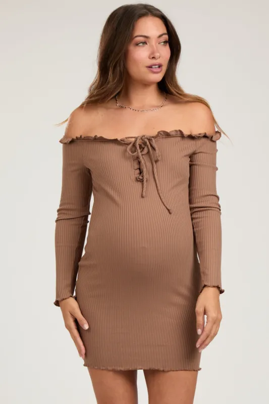 Brown Ruffle Off Shoulder Maternity Fitted Mini Dress sold by Pinkblush