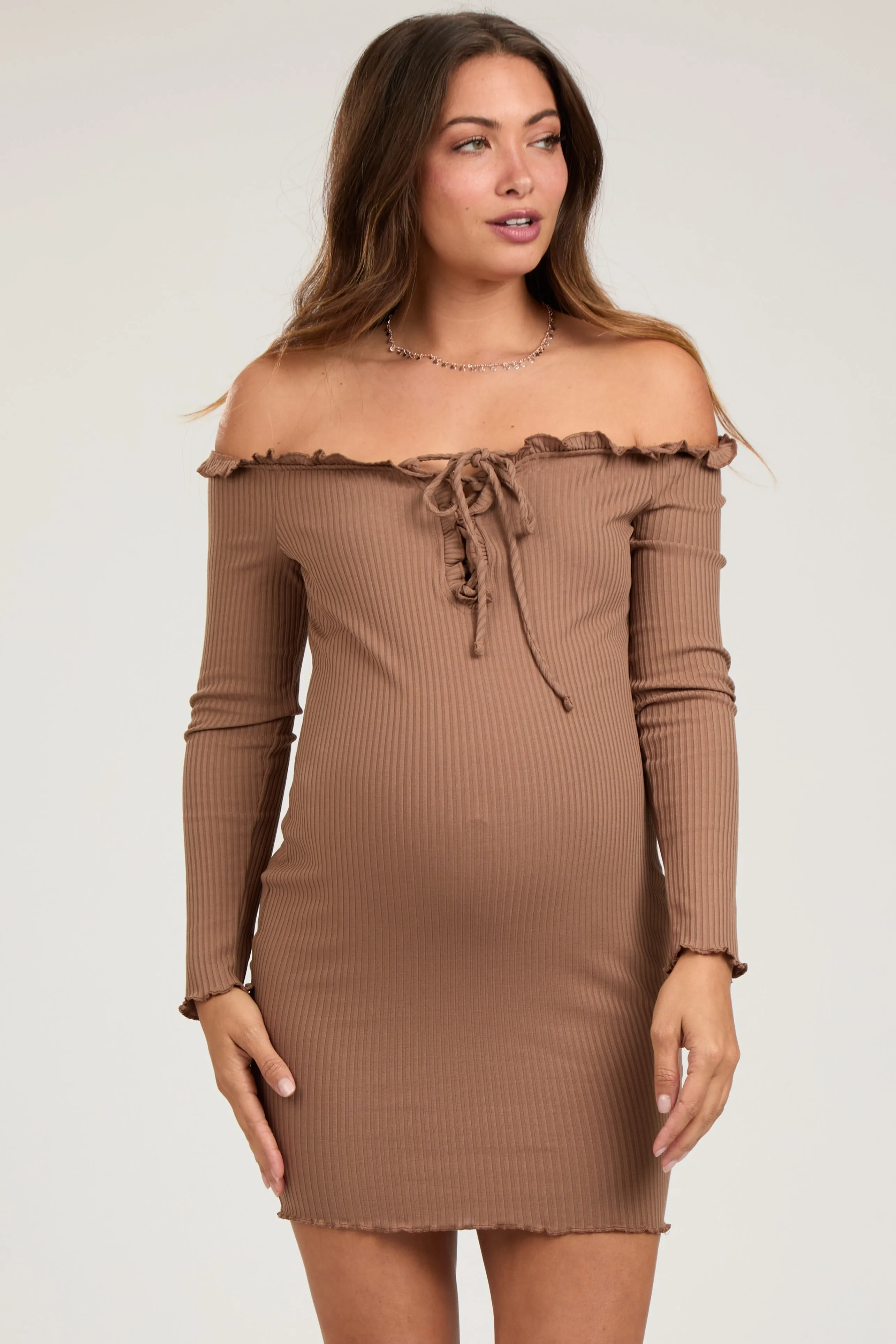 Brown Ruffle Off Shoulder Maternity Fitted Mini Dress sold by Pinkblush