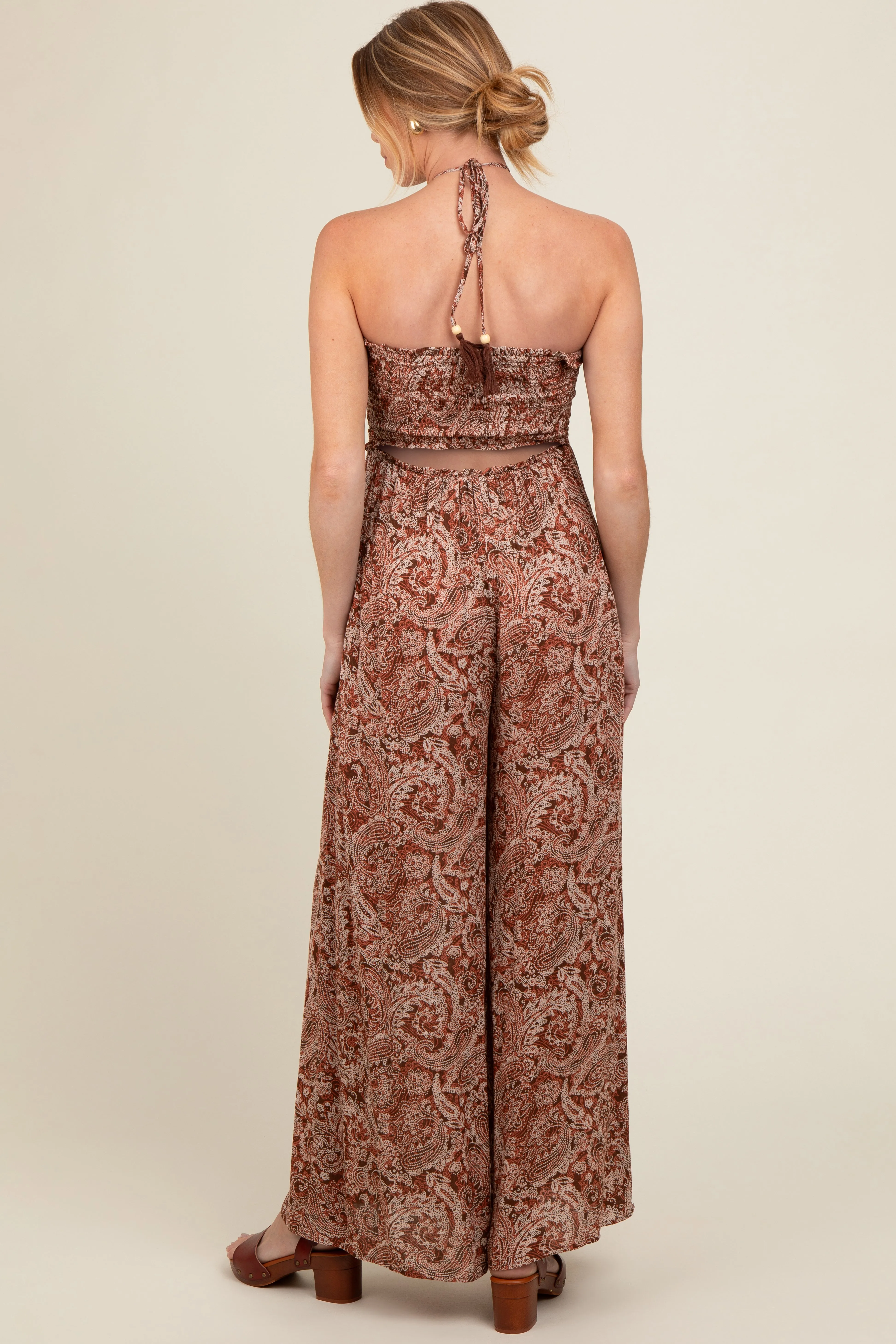 Rust Print Back Cutout Smocked Halter Wide Leg Maternity Jumpsuit sold by Pinkblush product image thumbnail 4