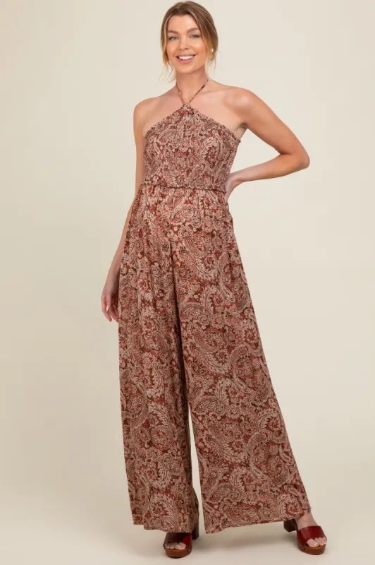 Rust Print Back Cutout Smocked Halter Wide Leg Maternity Jumpsuit sold by Pinkblush