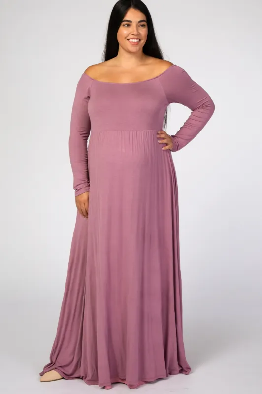 Mauve Solid Off Shoulder Plus Maternity Maxi Dress sold by Pinkblush