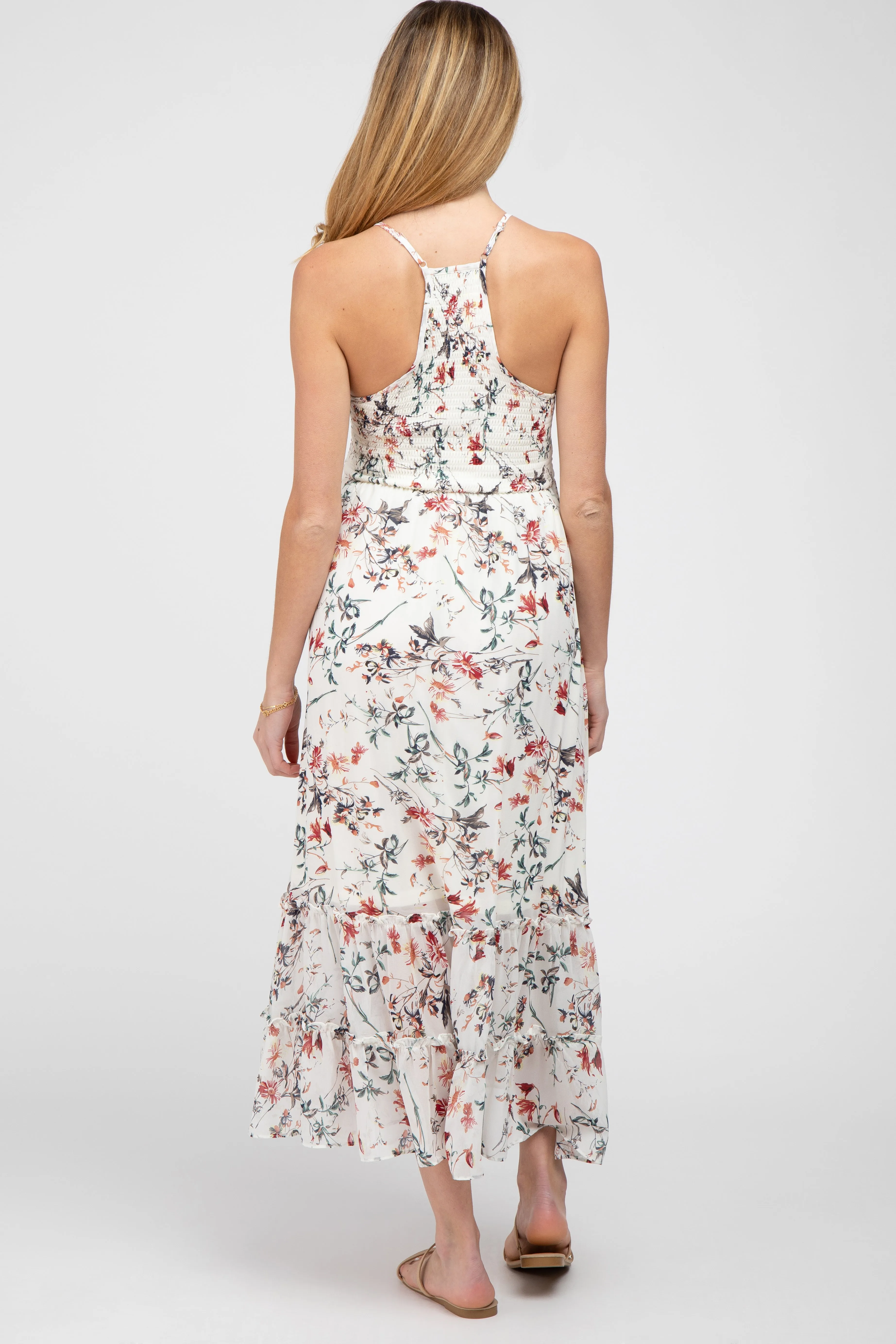 White Floral Chiffon Smocked Maternity Midi Dress sold by Pinkblush product image thumbnail 3