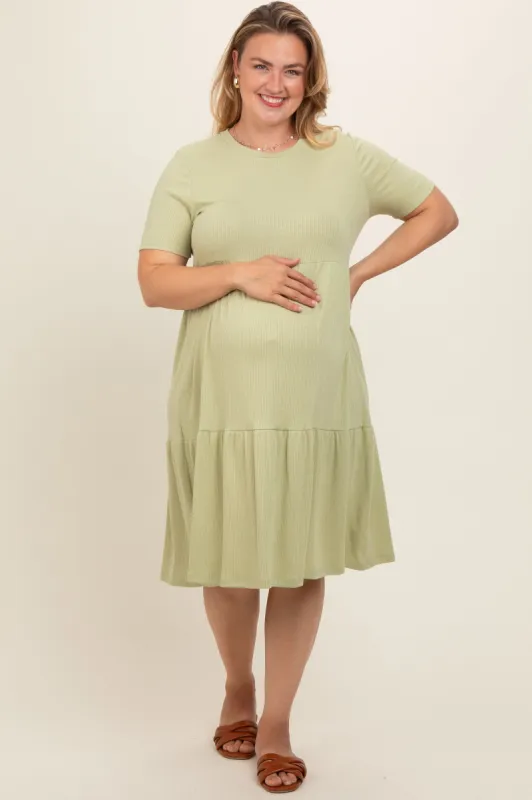 Light Olive Ribbed Tiered Maternity Plus Dress sold by Pinkblush