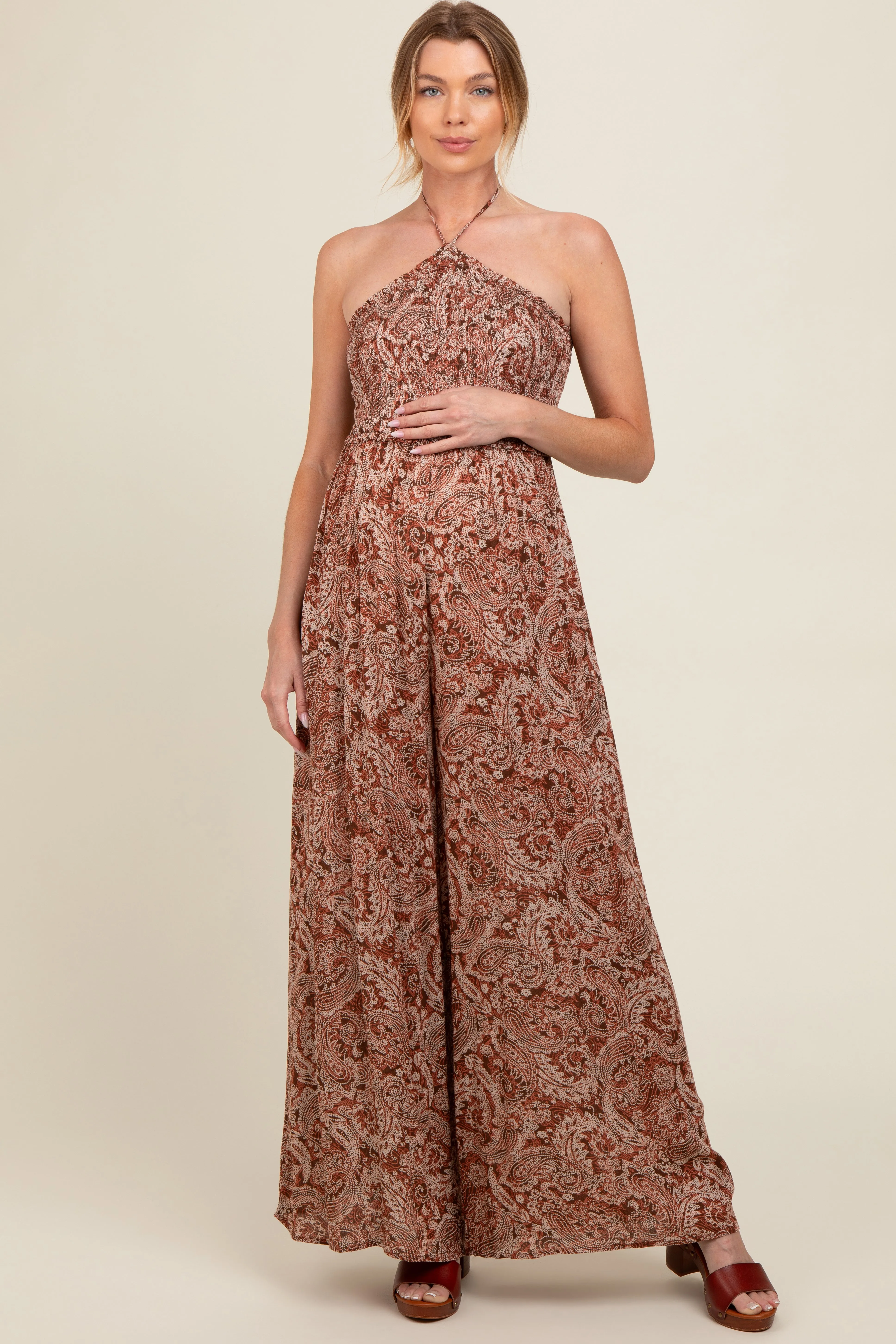 Rust Print Back Cutout Smocked Halter Wide Leg Maternity Jumpsuit sold by Pinkblush product image thumbnail 2