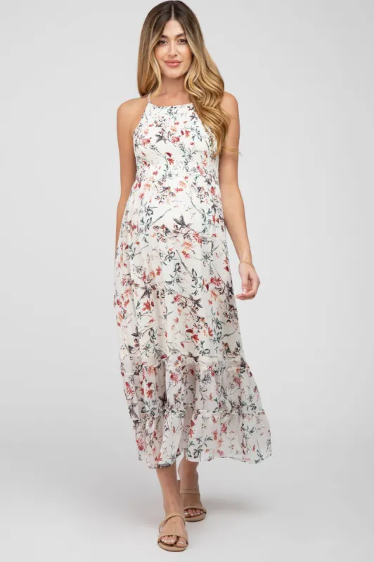 White Floral Chiffon Smocked Maternity Midi Dress sold by Pinkblush