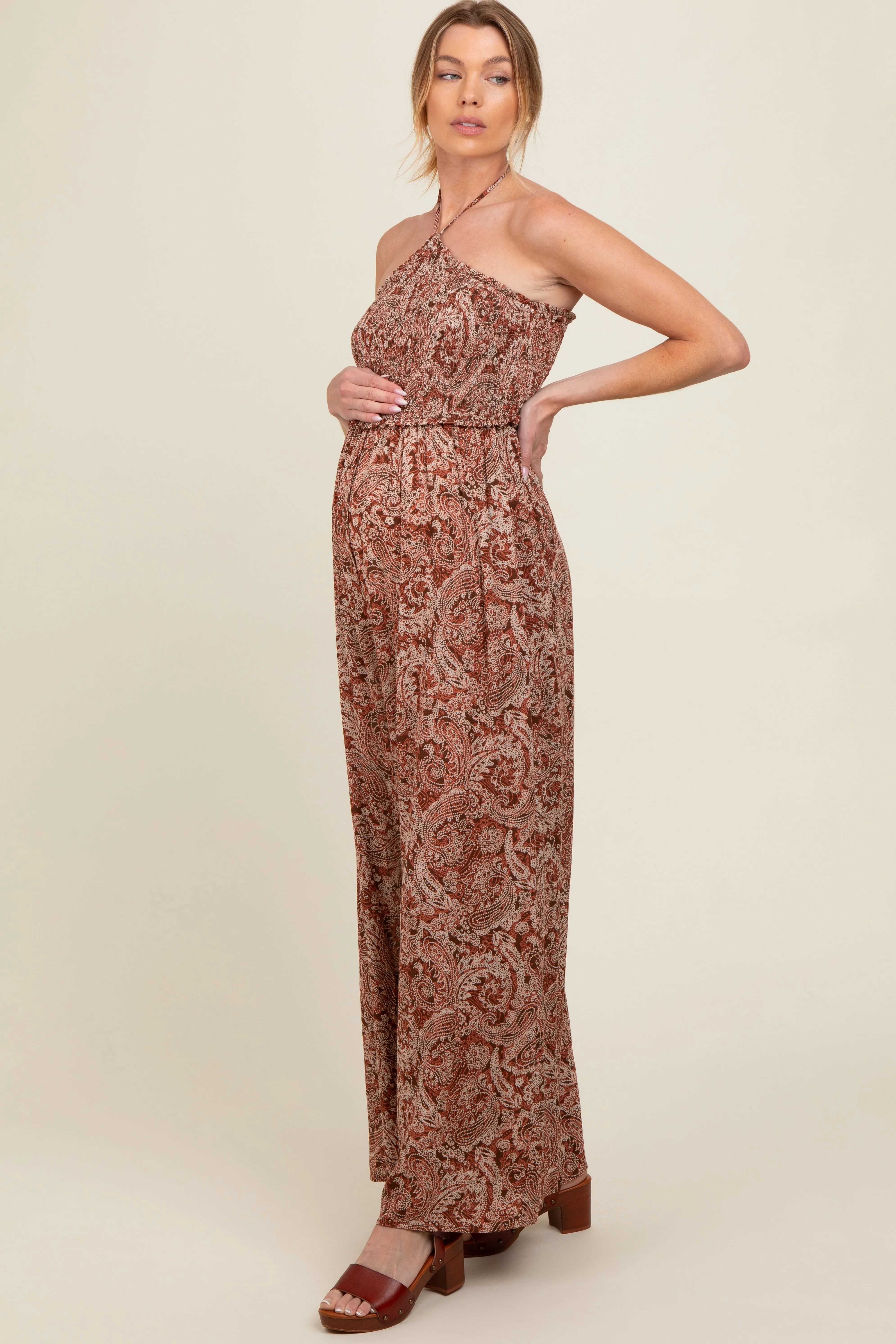 Rust Print Back Cutout Smocked Halter Wide Leg Maternity Jumpsuit sold by Pinkblush product image thumbnail 3