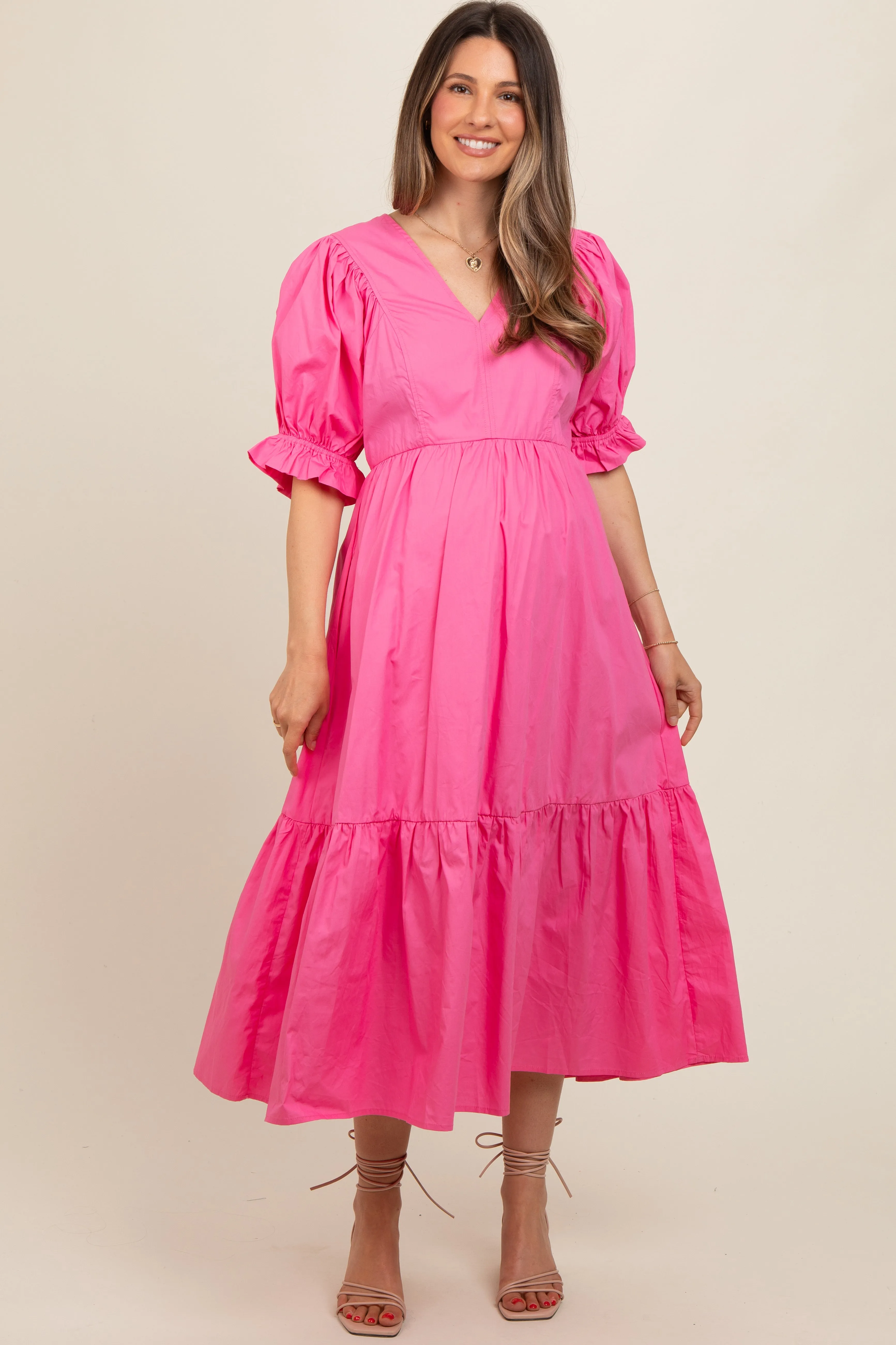 Fuchsia Short Puff Sleeve Tiered Maternity Midi Dress sold by Pinkblush