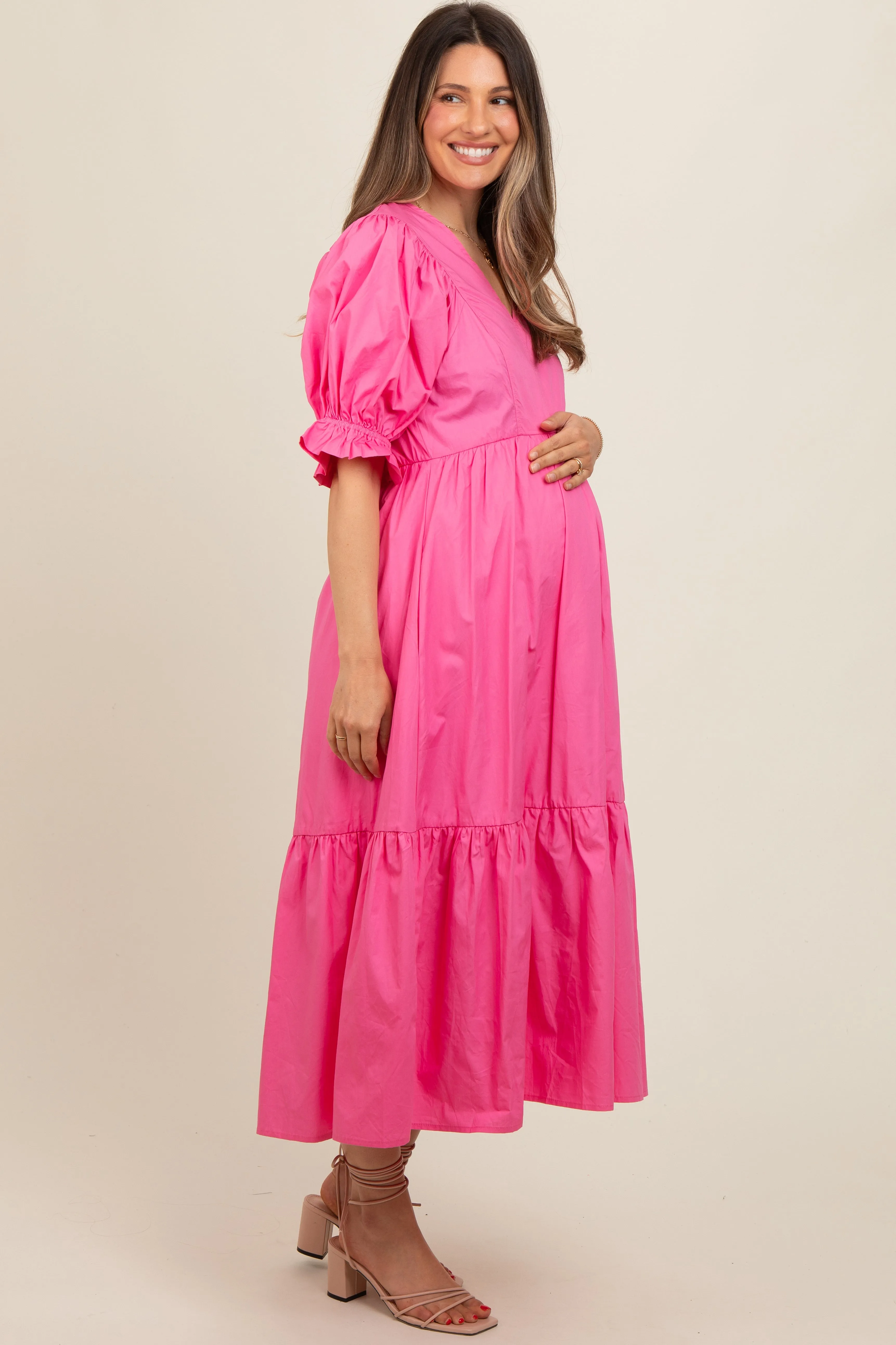 Fuchsia Short Puff Sleeve Tiered Maternity Midi Dress sold by Pinkblush product image thumbnail 2