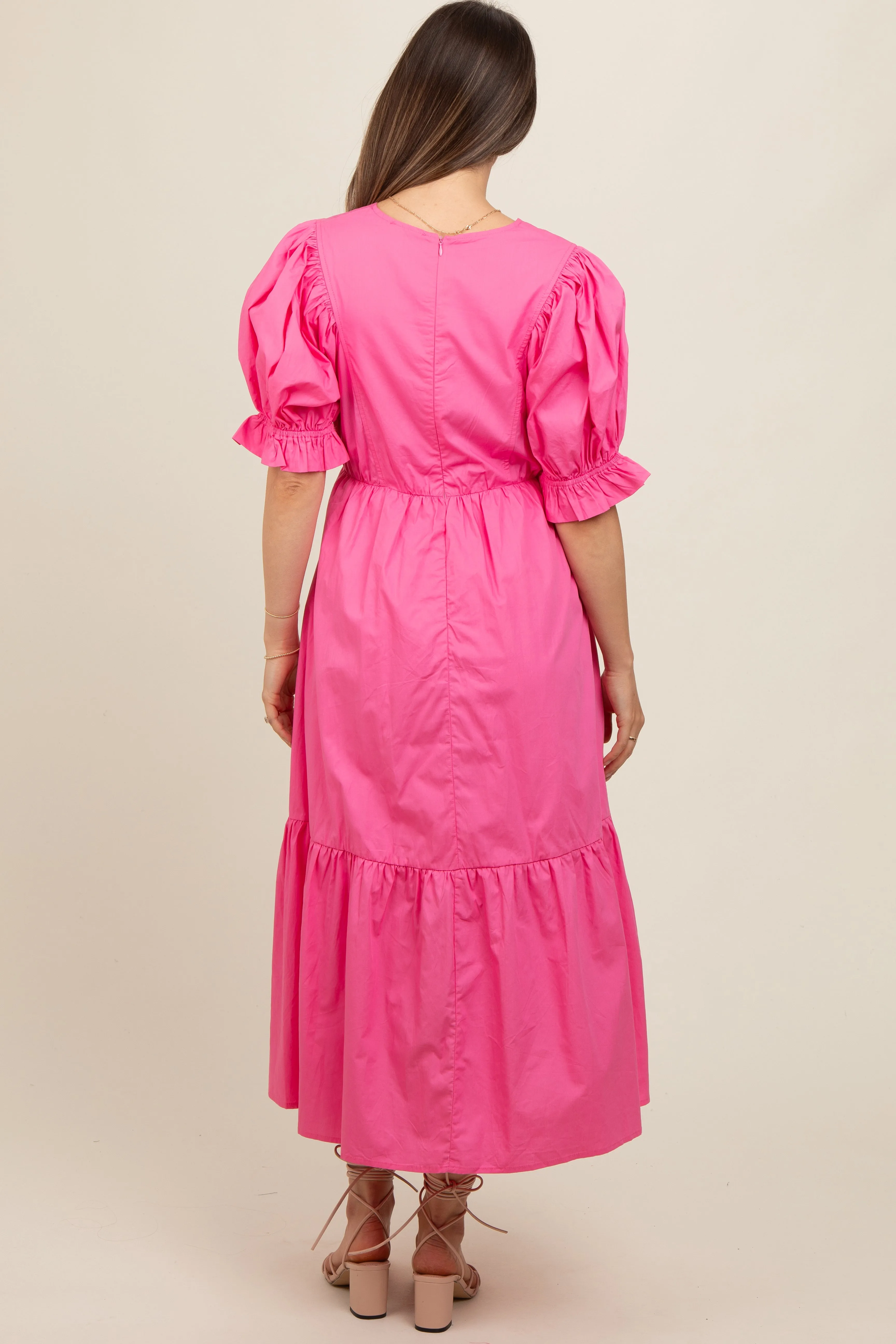 Fuchsia Short Puff Sleeve Tiered Maternity Midi Dress sold by Pinkblush product image thumbnail 3