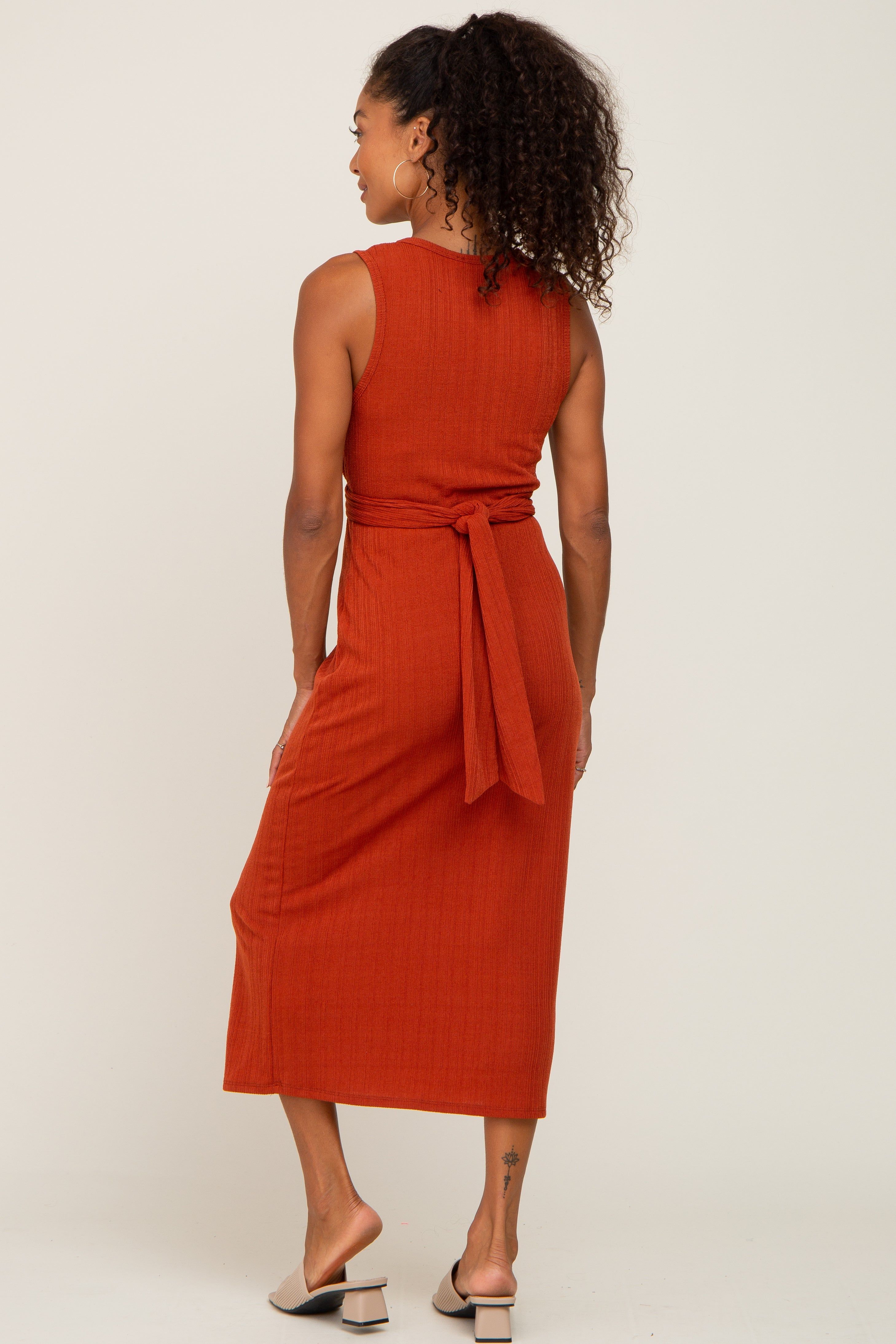 Rust Ribbed Front Twist Midi Dress sold by Pinkblush product image thumbnail 3