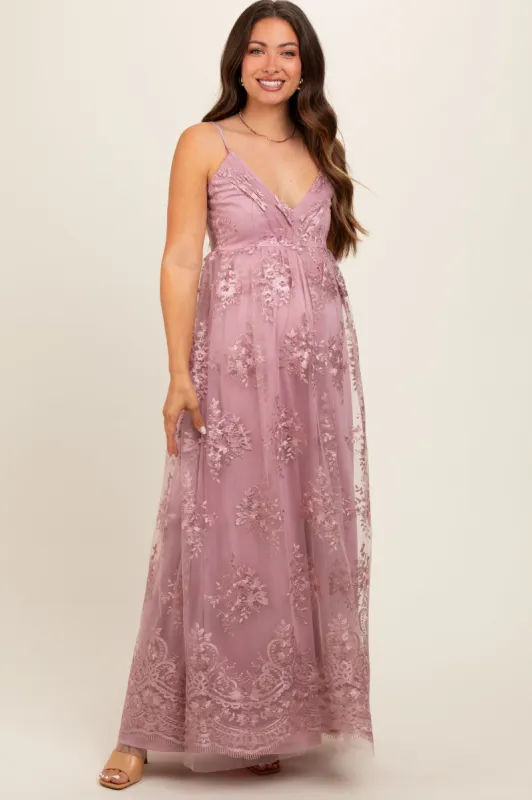 Mauve Floral Lace Overlay Maternity Maxi Dress sold by Pinkblush