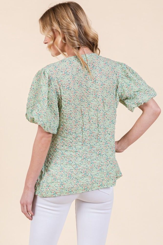 Sage Floral Smocked Detail Bubble Sleeve Blouse sold by Pinkblush product image thumbnail 4