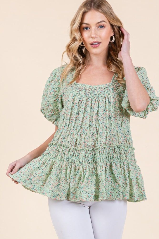 Sage Floral Smocked Detail Bubble Sleeve Blouse sold by Pinkblush