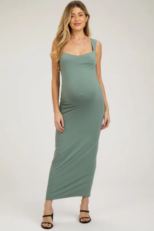 Light Olive Cowl Neck Sleeveless Maternity Midi Dress sold by Pinkblush