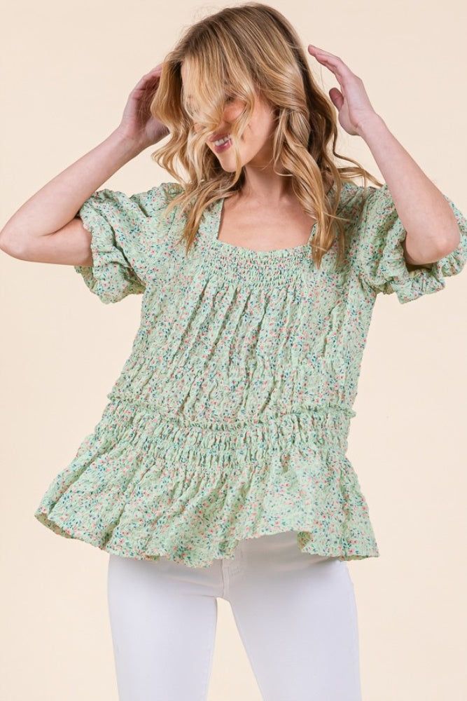 Sage Floral Smocked Detail Bubble Sleeve Blouse sold by Pinkblush product image thumbnail 2