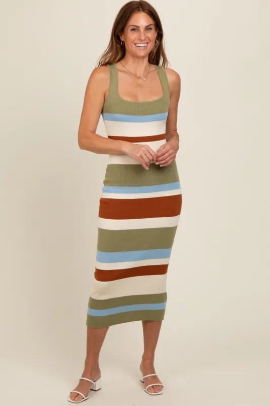 Olive Striped Sweater Square Neck Midi Dress sold by Pinkblush