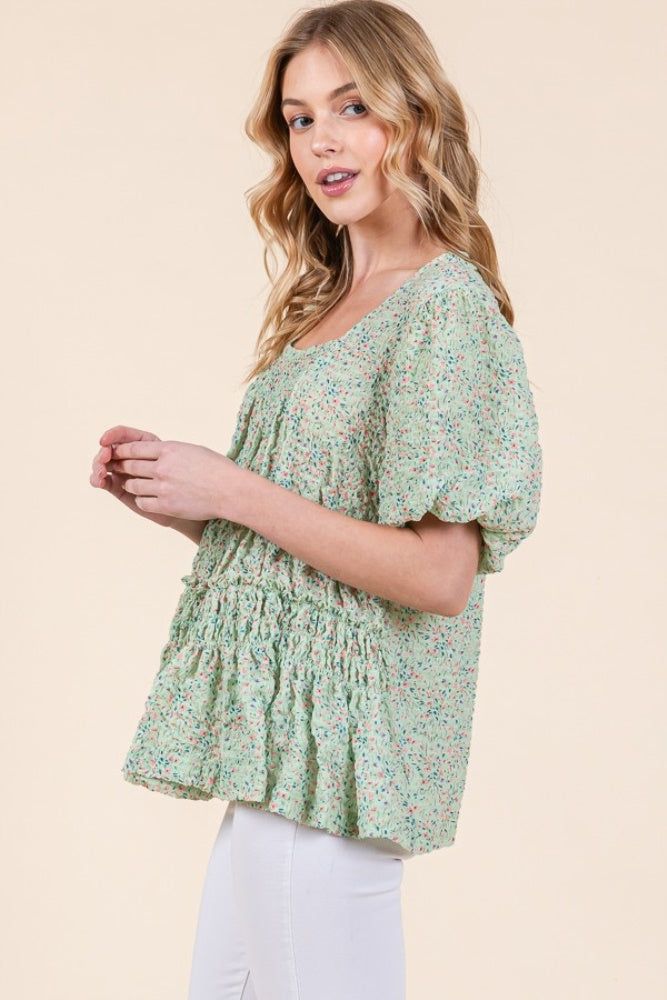 Sage Floral Smocked Detail Bubble Sleeve Blouse sold by Pinkblush product image thumbnail 3